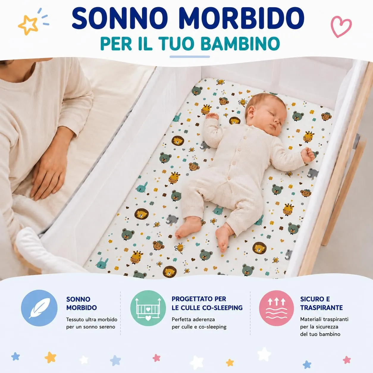 FlyIdeas Set 2 Lenzuola per Next to Me 50x83 cm 100% Cotone + 1 Coprimaterasso Impermeabile Made in Italy Lenzuola Compatibili Next2Me Morbide e Traspiranti - immagine 8