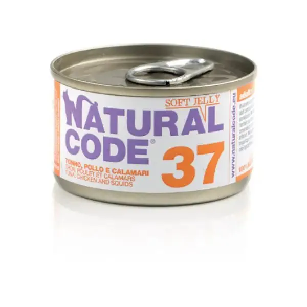 Natural Code acqua di cottura Soft Jelly 85 g 37 - Tonno, Pollo e Calamari - confezione da 24 pezzi - Cibo umido per gatti - immagine 1