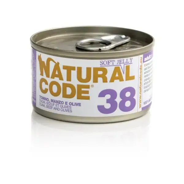 Natural Code acqua di cottura Soft Jelly 85 g 38 - Tonno, Manzo e Olive - confezione da 24 pezzi - Cibo umido per gatti - immagine 1