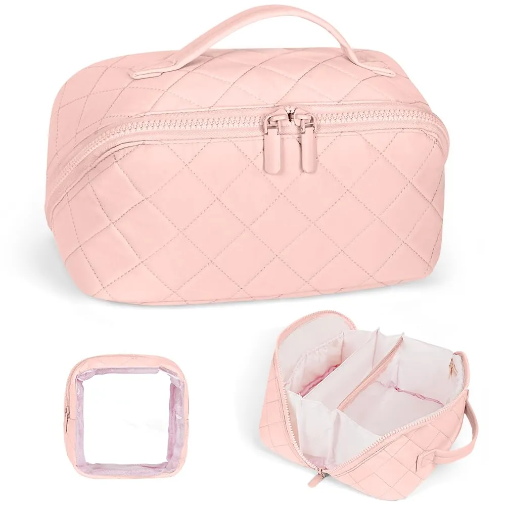 URAQT Borsa da Toilette, Beauty Case Grande da Viaggio, Portatile Borsa da Trucco, Beauty Case da Viaggio Cotone Morbido, Imbottitura ispessita, con maniglia e 1 Mini borsa, Perfetto per Viaggios,Rosa - immagine 1