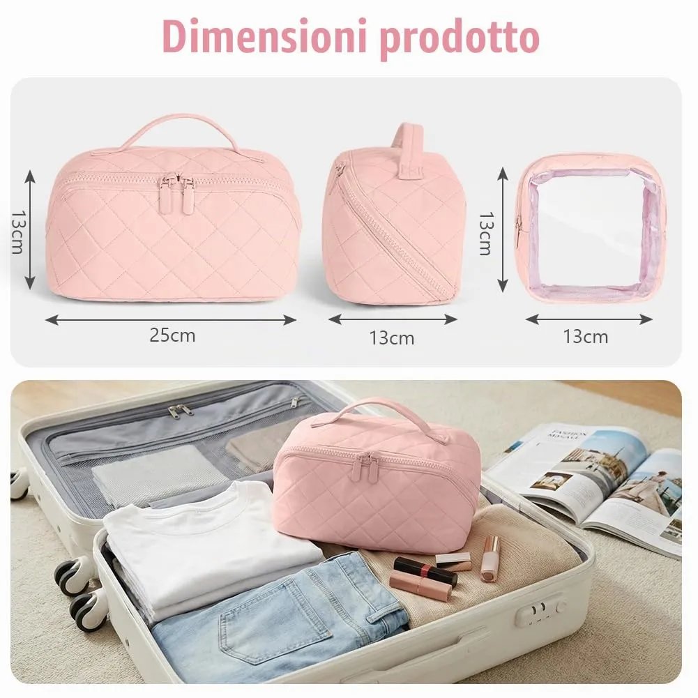 URAQT Borsa da Toilette, Beauty Case Grande da Viaggio, Portatile Borsa da Trucco, Beauty Case da Viaggio Cotone Morbido, Imbottitura ispessita, con maniglia e 1 Mini borsa, Perfetto per Viaggios,Rosa - immagine 2