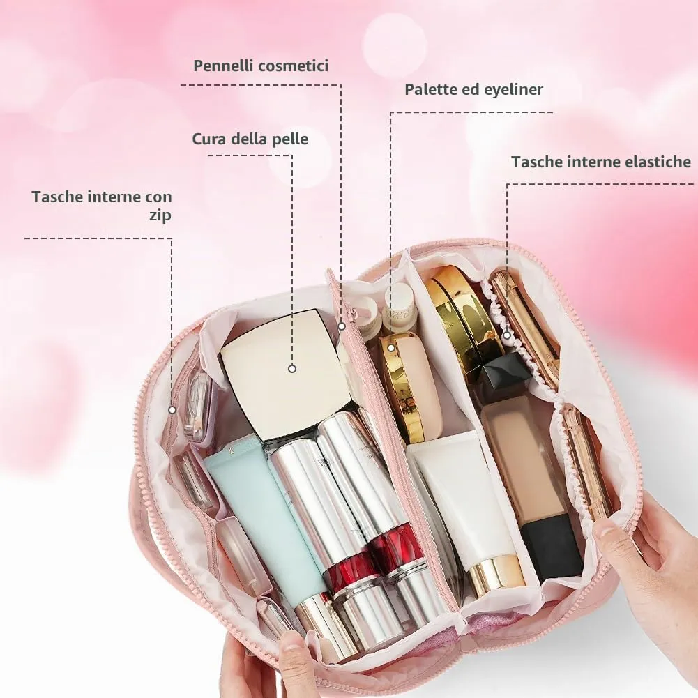 URAQT Borsa da Toilette, Beauty Case Grande da Viaggio, Portatile Borsa da Trucco, Beauty Case da Viaggio Cotone Morbido, Imbottitura ispessita, con maniglia e 1 Mini borsa, Perfetto per Viaggios,Rosa - immagine 3