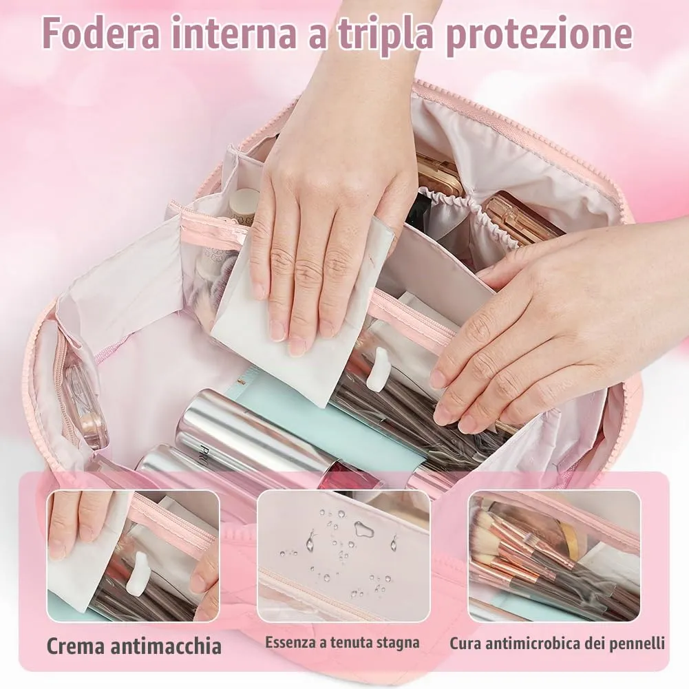 URAQT Borsa da Toilette, Beauty Case Grande da Viaggio, Portatile Borsa da Trucco, Beauty Case da Viaggio Cotone Morbido, Imbottitura ispessita, con maniglia e 1 Mini borsa, Perfetto per Viaggios,Rosa - immagine 4