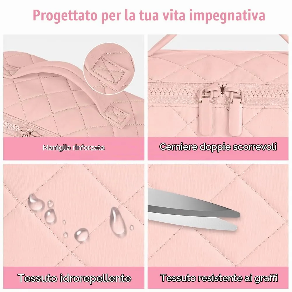 URAQT Borsa da Toilette, Beauty Case Grande da Viaggio, Portatile Borsa da Trucco, Beauty Case da Viaggio Cotone Morbido, Imbottitura ispessita, con maniglia e 1 Mini borsa, Perfetto per Viaggios,Rosa - immagine 5