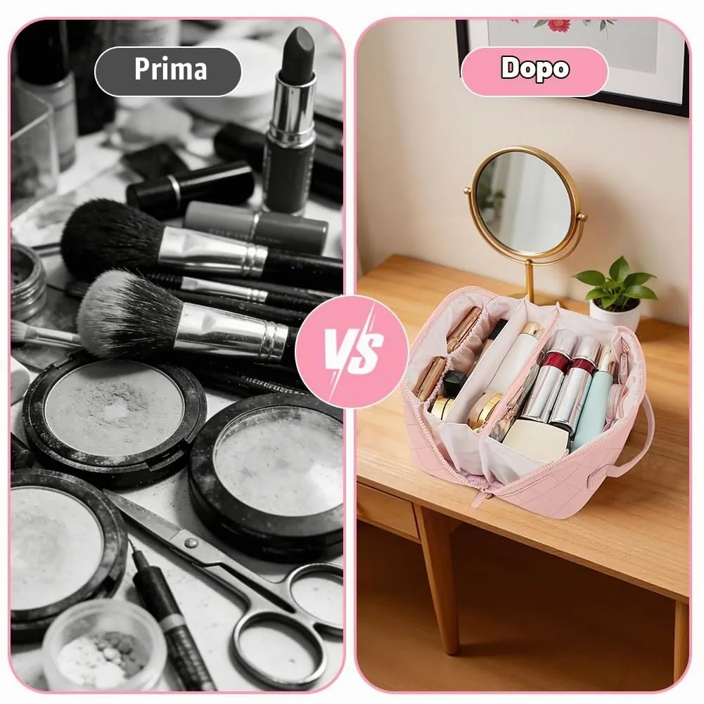 URAQT Borsa da Toilette, Beauty Case Grande da Viaggio, Portatile Borsa da Trucco, Beauty Case da Viaggio Cotone Morbido, Imbottitura ispessita, con maniglia e 1 Mini borsa, Perfetto per Viaggios,Rosa - immagine 7