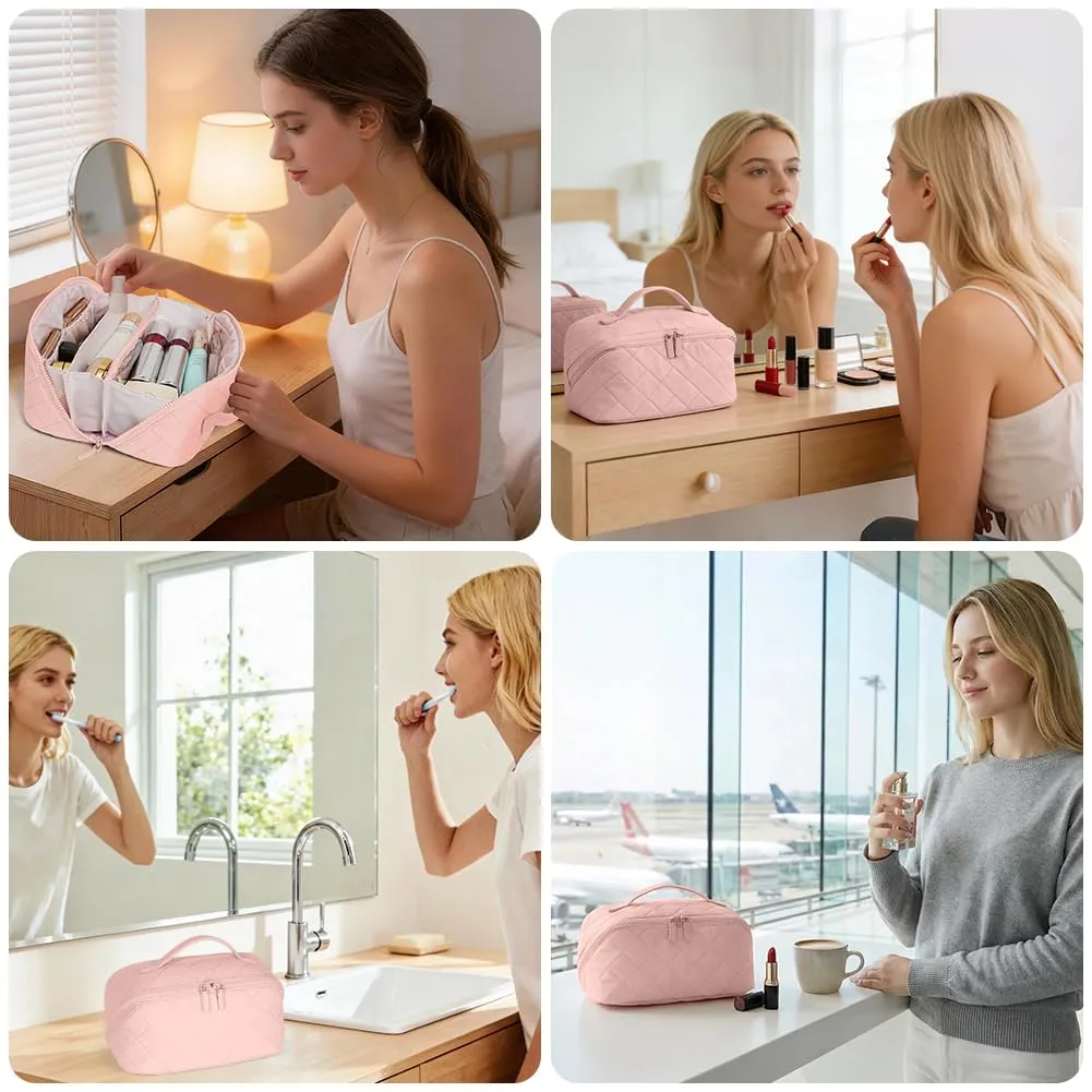 URAQT Borsa da Toilette, Beauty Case Grande da Viaggio, Portatile Borsa da Trucco, Beauty Case da Viaggio Cotone Morbido, Imbottitura ispessita, con maniglia e 1 Mini borsa, Perfetto per Viaggios,Rosa - immagine 9