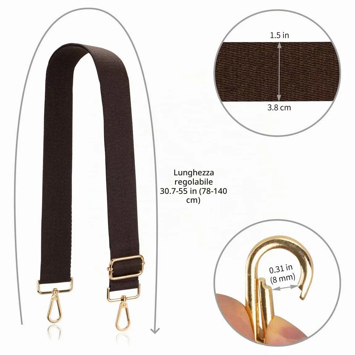 Allzedream - Tracolla per borsa a tracolla, regolabile, in morbido cotone, marrone scuro., m, moderno - immagine 5