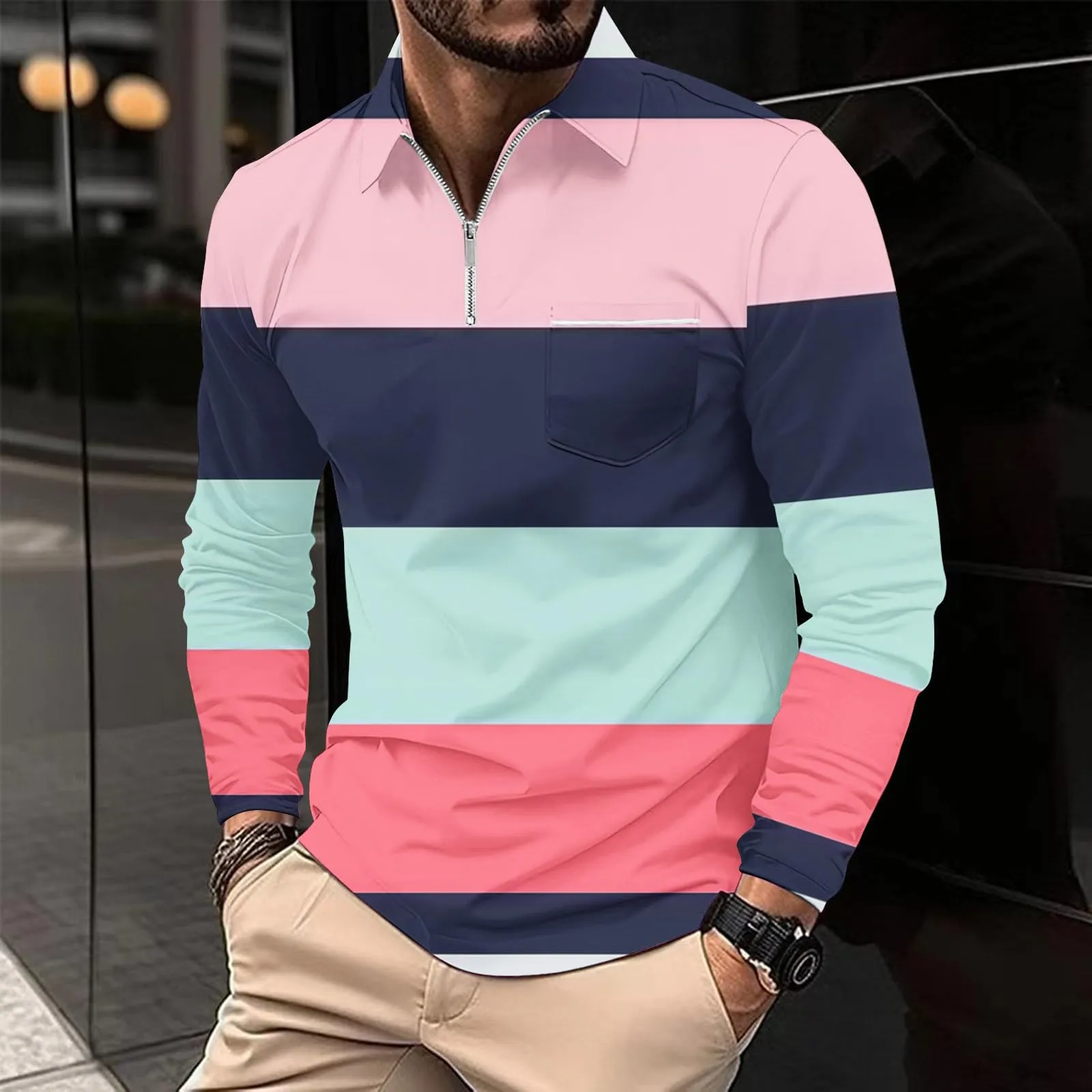 Polo da Rugby a Righe da Uomo Classico Camicia Vintage a Maniche Lunghe Polo a Righe con Colletto Rovesciato Polo da Uomo Oversized a Maniche Lunghe T-Shirt con Vestibilità Normale Sweatshirt a - immagine 3