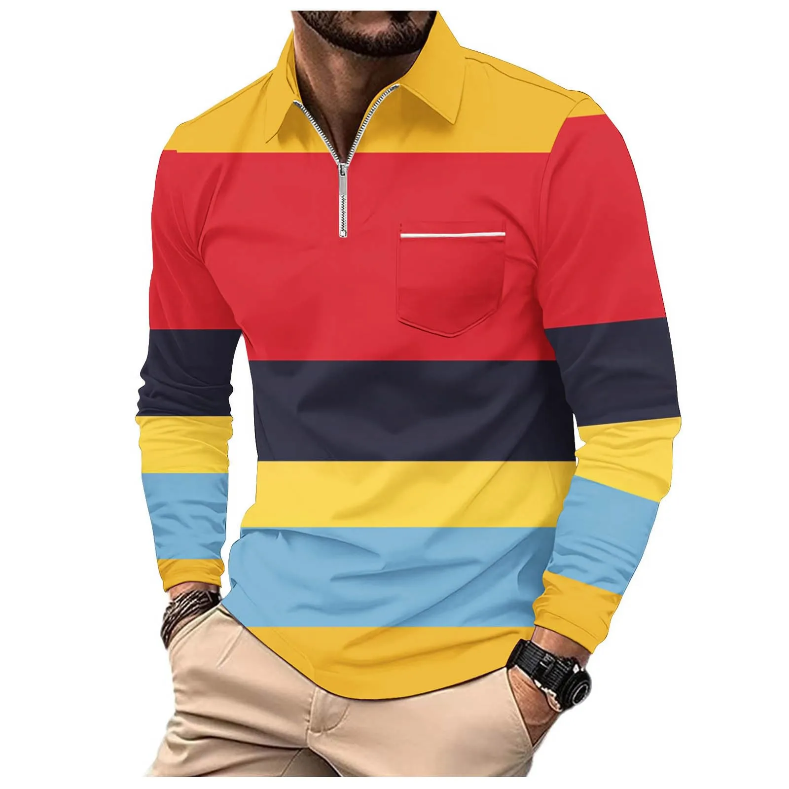 Polo da Rugby a Righe da Uomo Classico Camicia Vintage a Maniche Lunghe Polo a Righe con Colletto Rovesciato Polo da Uomo Oversized a Maniche Lunghe T-Shirt con Vestibilità Normale Sweatshirt a - immagine 1