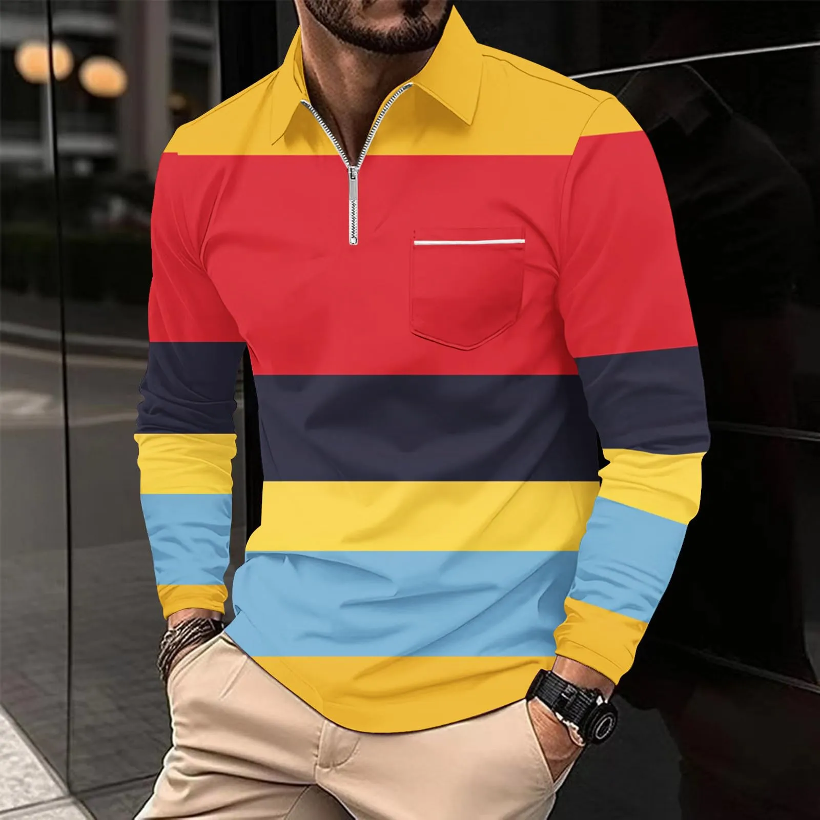Polo da Rugby a Righe da Uomo Classico Camicia Vintage a Maniche Lunghe Polo a Righe con Colletto Rovesciato Polo da Uomo Oversized a Maniche Lunghe T-Shirt con Vestibilità Normale Sweatshirt a - immagine 3