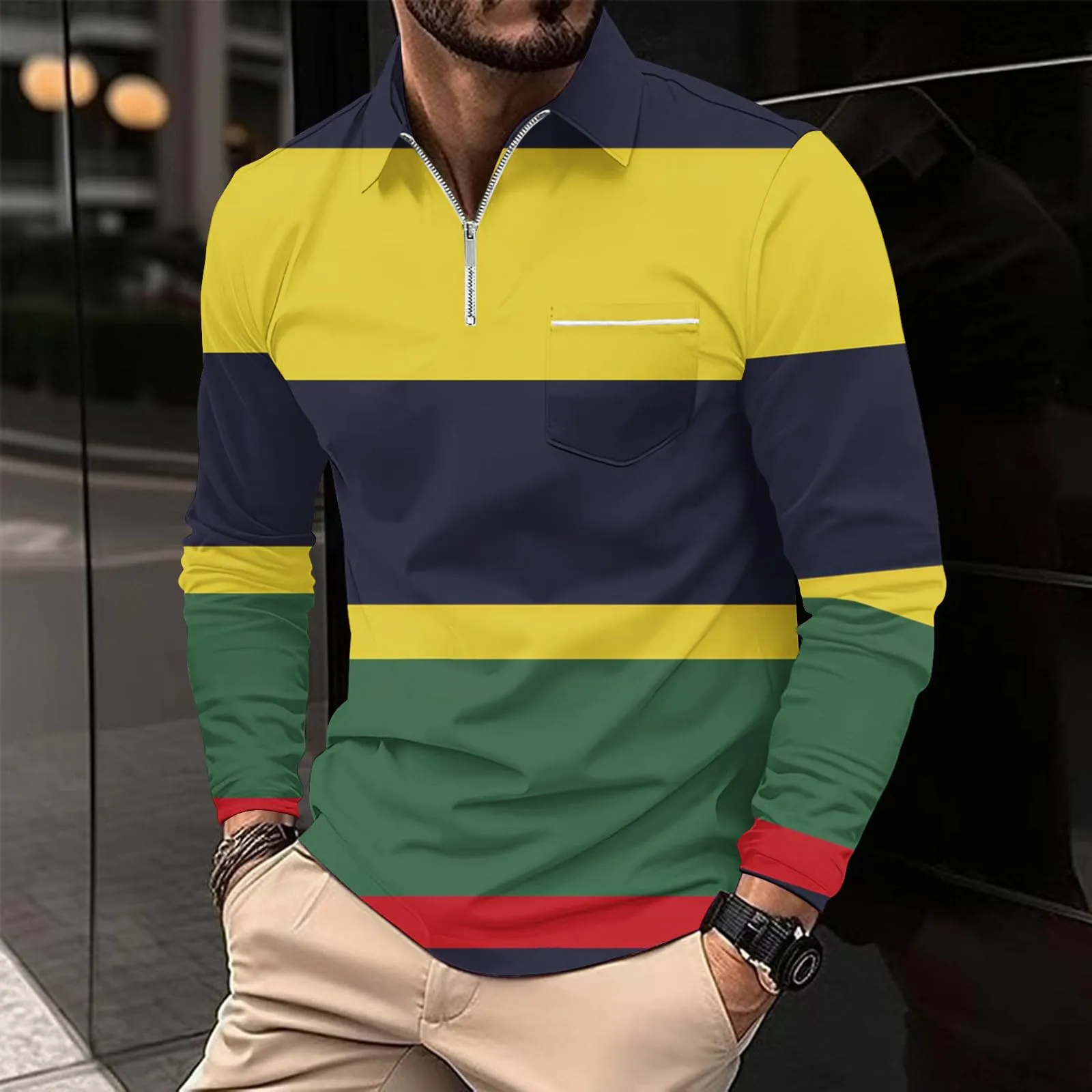 Polo da Rugby a Righe da Uomo Classico Camicia Vintage a Maniche Lunghe Polo a Righe con Colletto Rovesciato Polo da Uomo Oversized a Maniche Lunghe T-Shirt con Vestibilità Normale Sweatshirt a - immagine 3