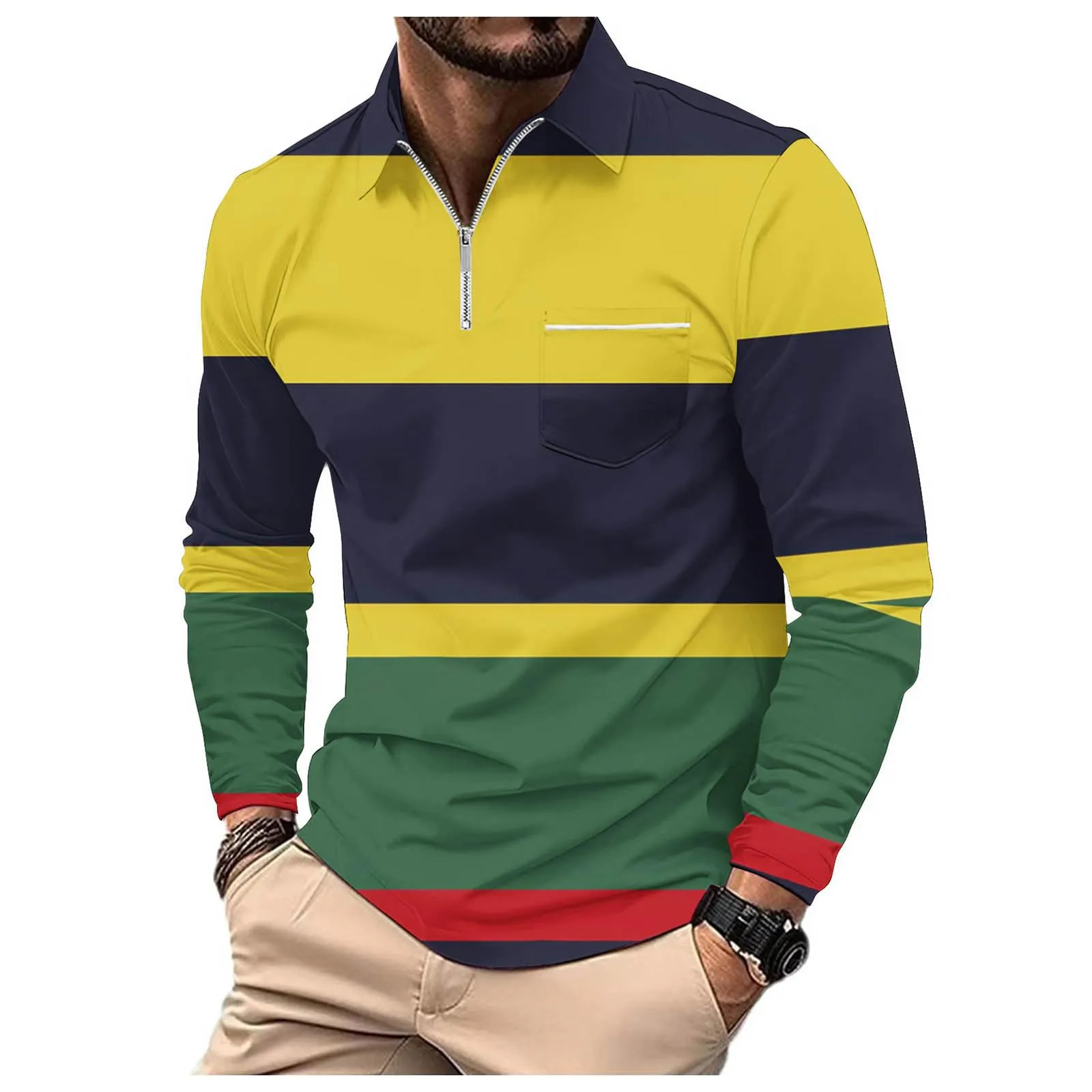 Polo da Rugby a Righe da Uomo Classico Camicia Vintage a Maniche Lunghe Polo a Righe con Colletto Rovesciato Polo da Uomo Oversized a Maniche Lunghe T-Shirt con Vestibilità Normale Sweatshirt a - immagine 1
