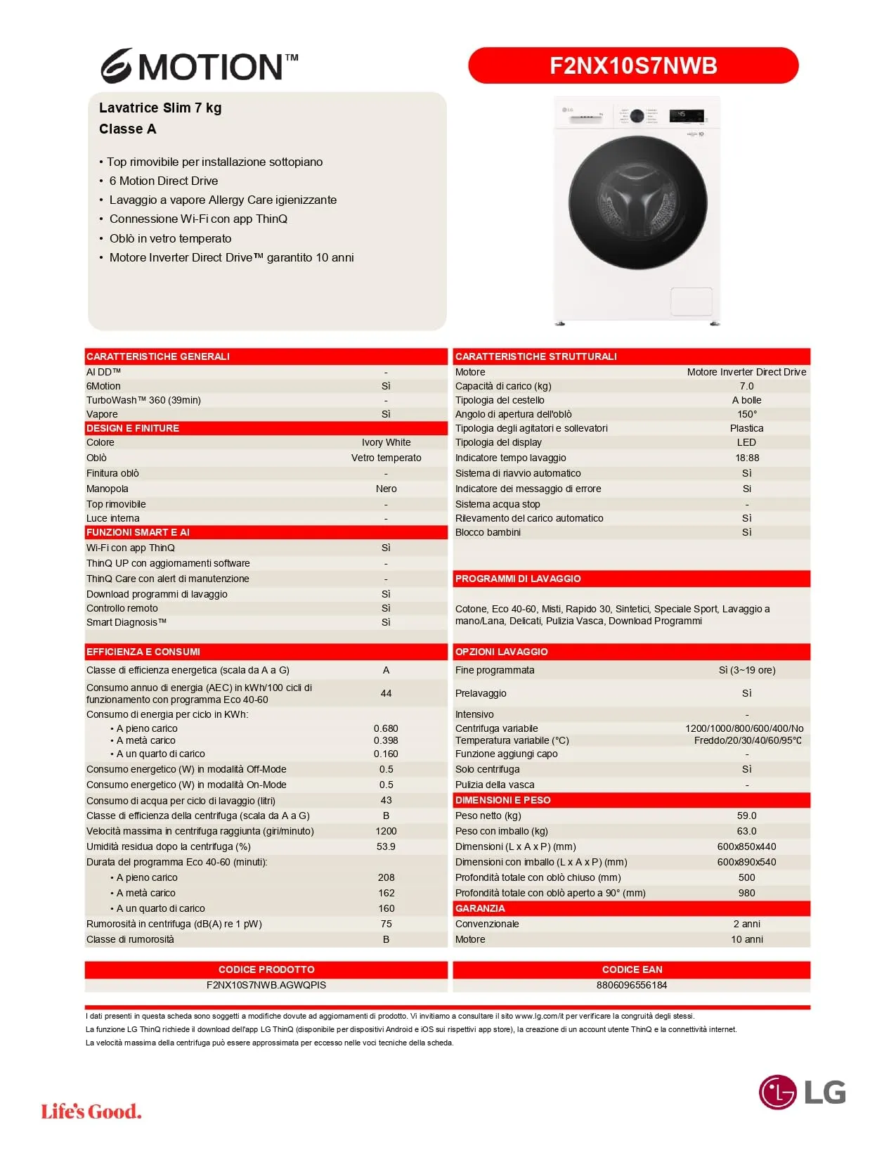 LG F2NX10S7NWB Lavatrice 7 kg a Carica Frontale con Top Rimovibile, Serie X5, Classe A -30%, 1200 giri, Wi-Fi, 6 Motion Direct Drive, Lavaggio a Vapore Allergy Care, Oblò in Vetro Temperato, White - immagine 15