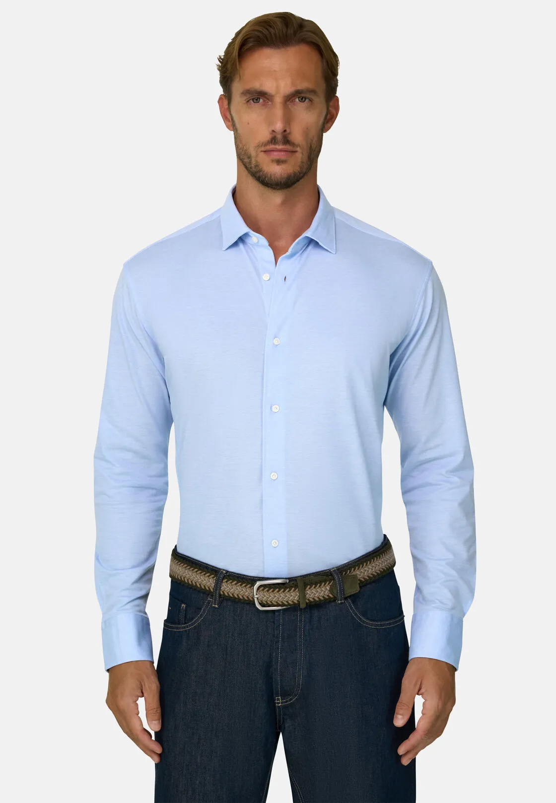 Boggi, Polo Camicia Mouliné In Cotone Regular Fit, Uomo, Azzurro, Taglia: XL - immagine 1