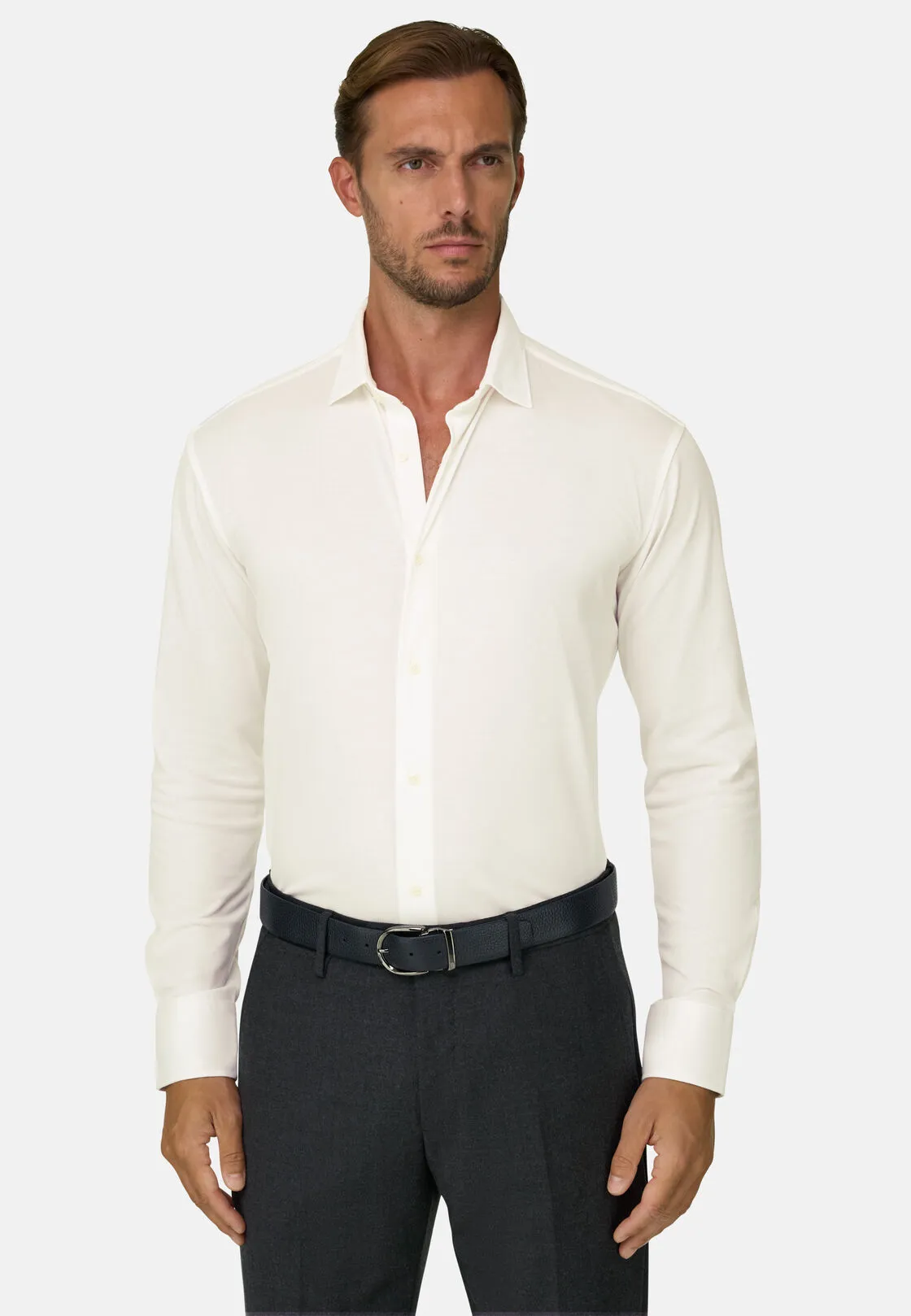 Boggi, Polo Camicia Mouliné In Cotone Regular Fit, Uomo, Bianco, Taglia: L - immagine 1