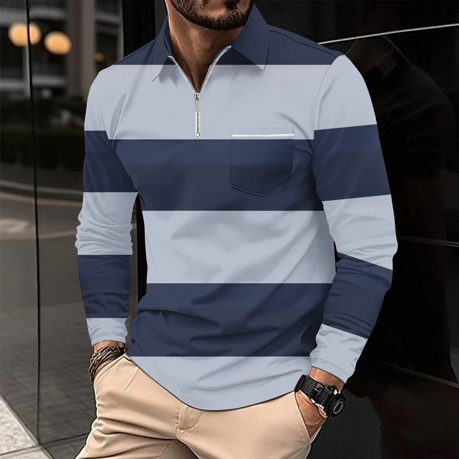 Polo da Rugby a Righe da Uomo Classico Camicia Vintage a Maniche Lunghe Polo a Righe con Colletto Rovesciato Polo da Uomo Oversized a Maniche Lunghe T-Shirt con Vestibilità Normale Sweatshirt a - immagine 3