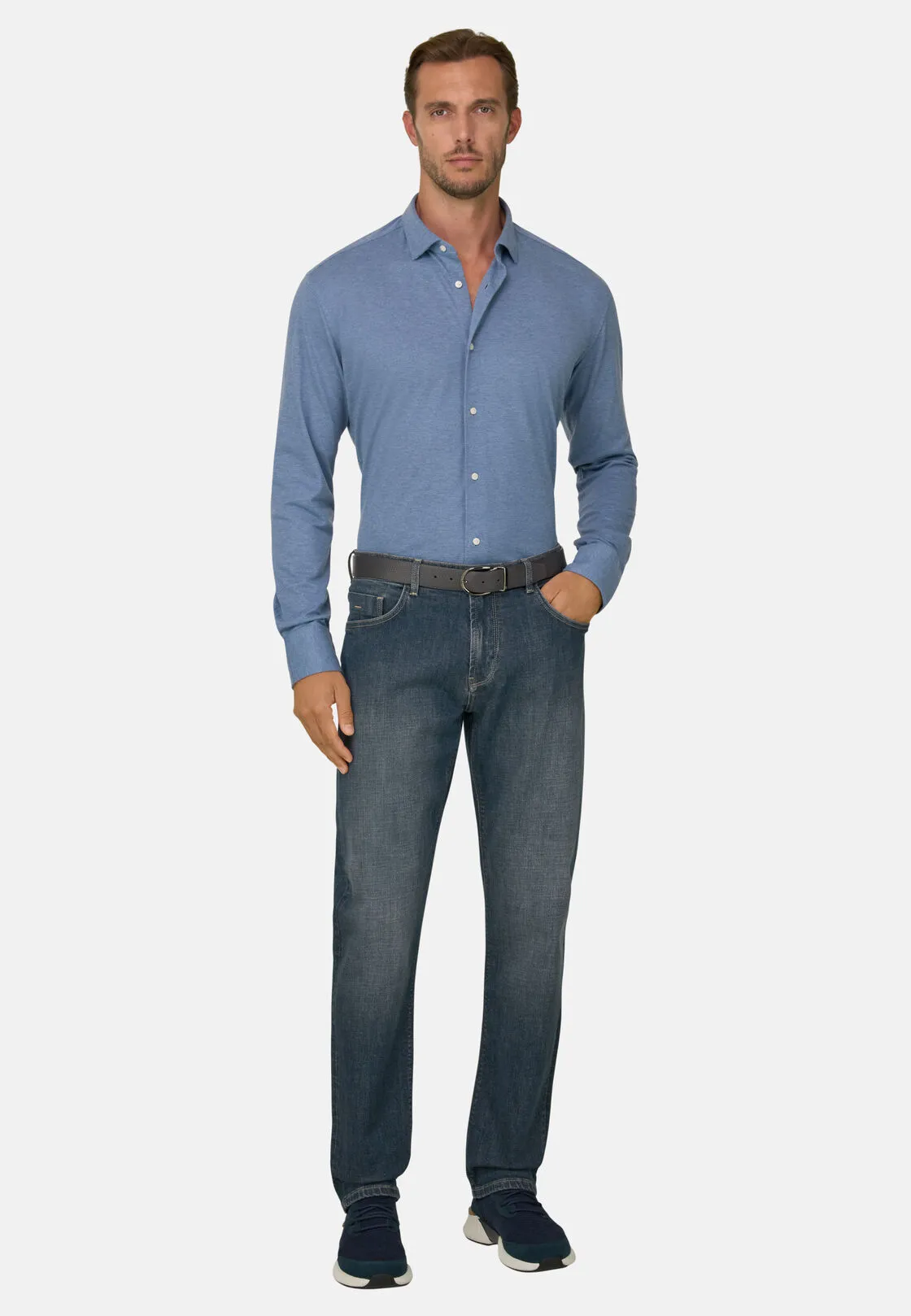 Boggi, Polo Camicia Mouliné In Cotone Regular Fit, Uomo, Indaco, Taglia: S - immagine 2