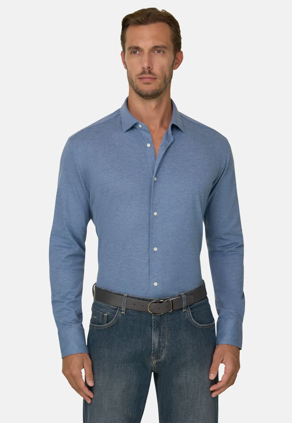 Boggi, Polo Camicia Mouliné In Cotone Regular Fit, Uomo, Indaco, Taglia: XS - immagine 1
