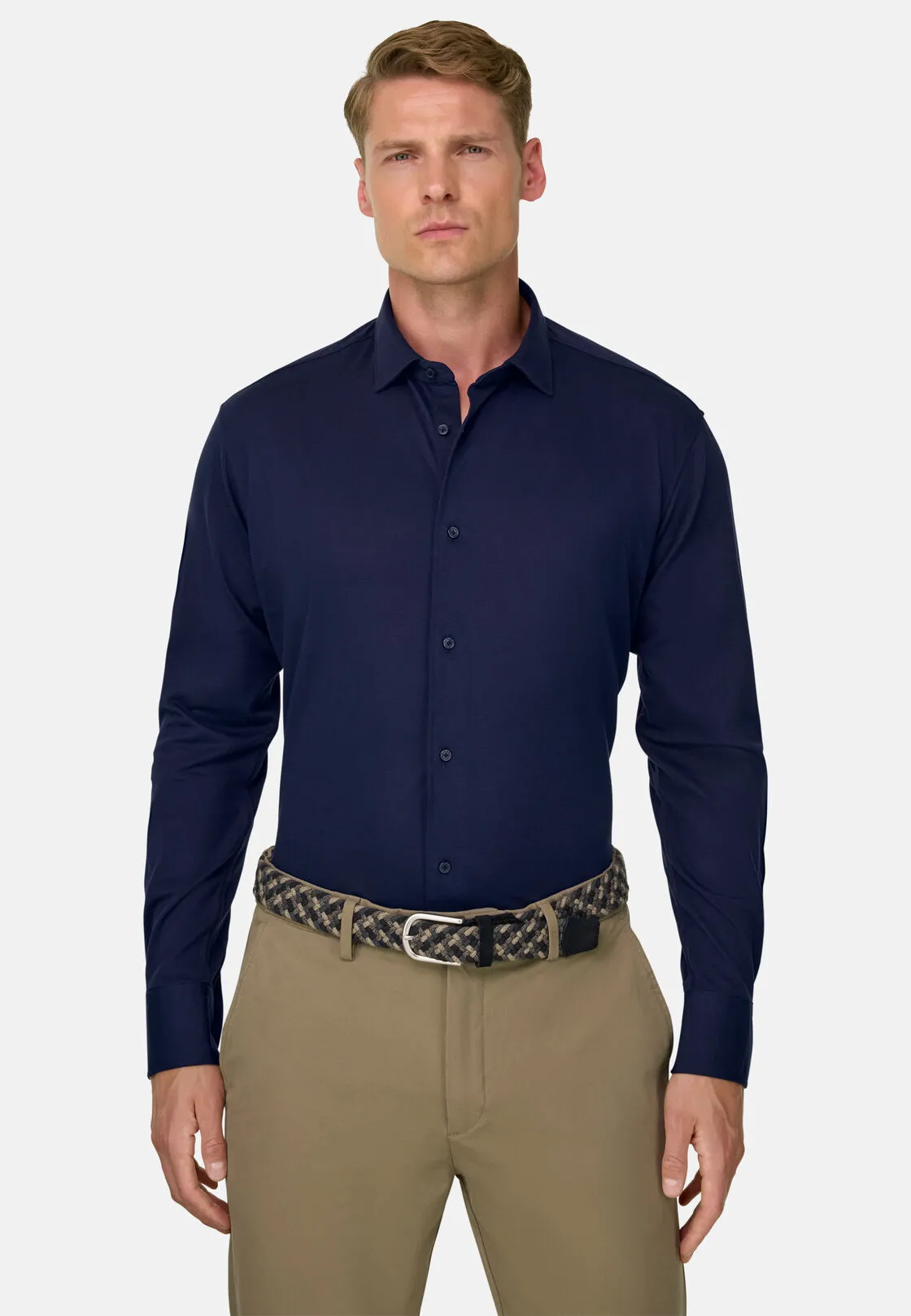 Boggi, Polo Camicia Mouliné In Cotone Regular Fit, Uomo, Navy, Taglia: S - immagine 1