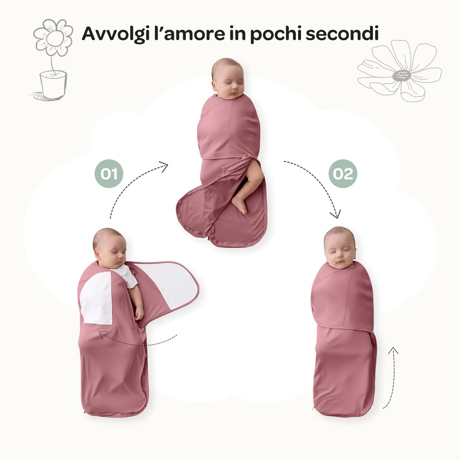 Momcozy Swaddle Neonato 0-3 Mesi Sacco Nanna Bambù 2 Pezzi Rosa - immagine 3