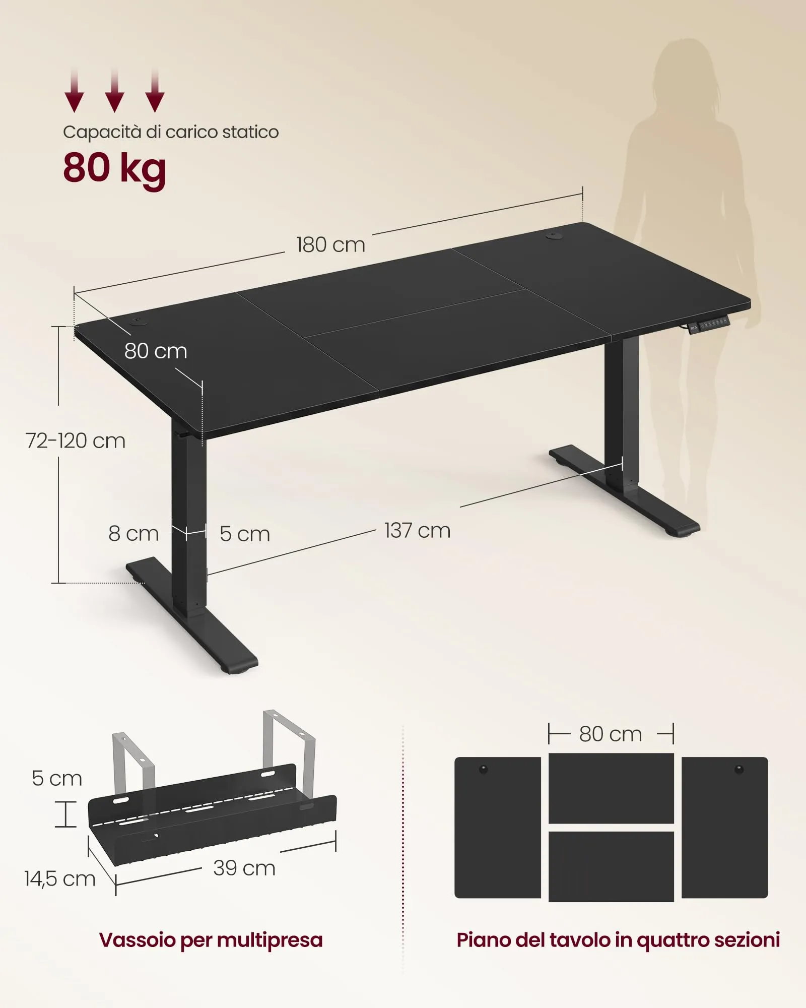 VASAGLE Scrivania Elettrica Regolabile in Altezza, 180 x 80 cm - immagine 2