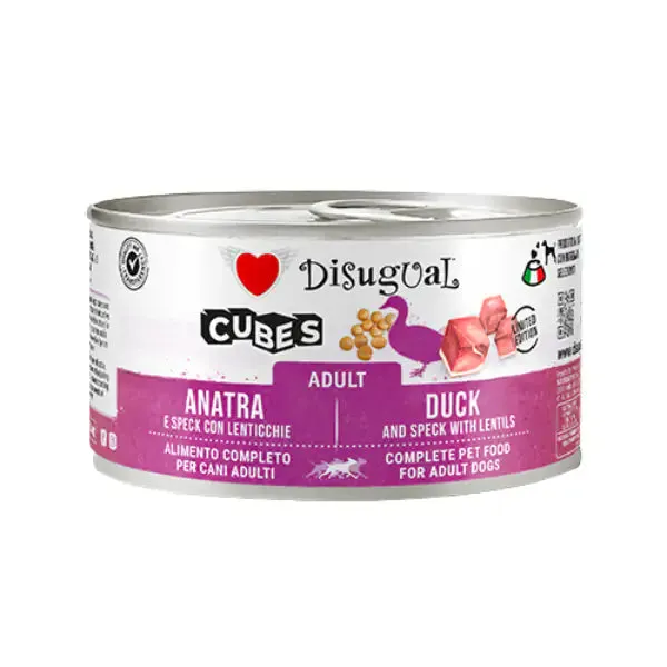 Disugual Dog Adult Cubes 150 gr Anatra e cubetti di speck con lenticchie - confezione da 12 pezzi - Cibo umido per cani - immagine 1