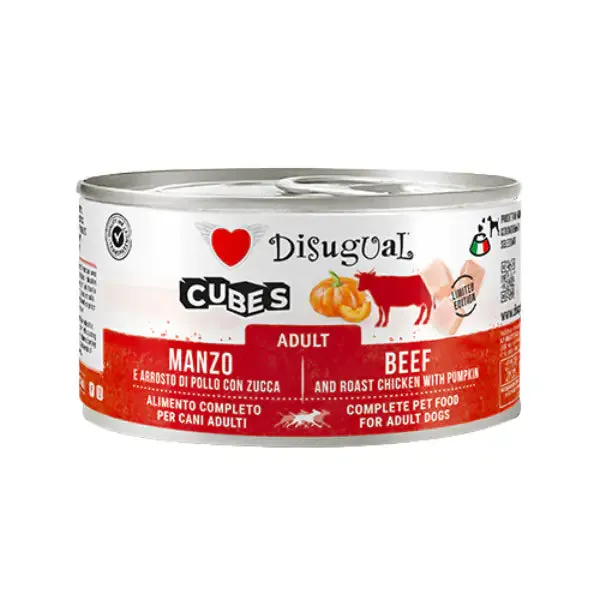 Disugual Dog Adult Cubes 150 gr Manzo e cubetti di arrosto di pollo con zucca - confezione da 12 pezzi - Cibo umido per cani - immagine 1