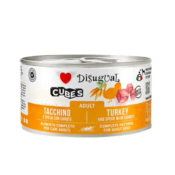 Disugual Dog Adult Cubes 150 gr Tacchino e cubetti di speck con carote - confezione da 12 pezzi - Cibo umido per cani - immagine 1