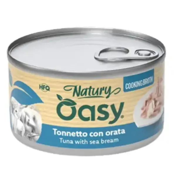 Oasy Natury Cat Adult Cooking Broth in brodo di cottura 85 gr Tonnetto con orata - confezione da 24 pezzi - Cibo umido per gatti - immagine 1