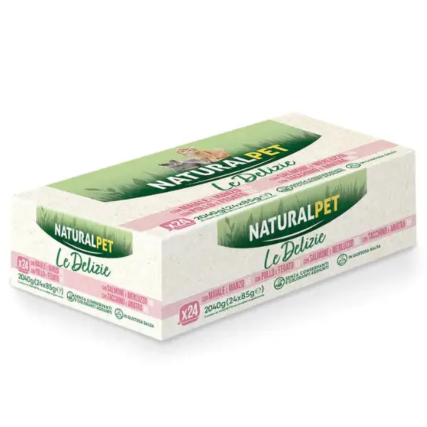 NaturalPet Cat Adult Le Delizie bocconcini in gustosa salsa Multipack 24x85 gr 6x Maiale 6x Pollo 6x Tacchino 6x Salmone - immagine 1