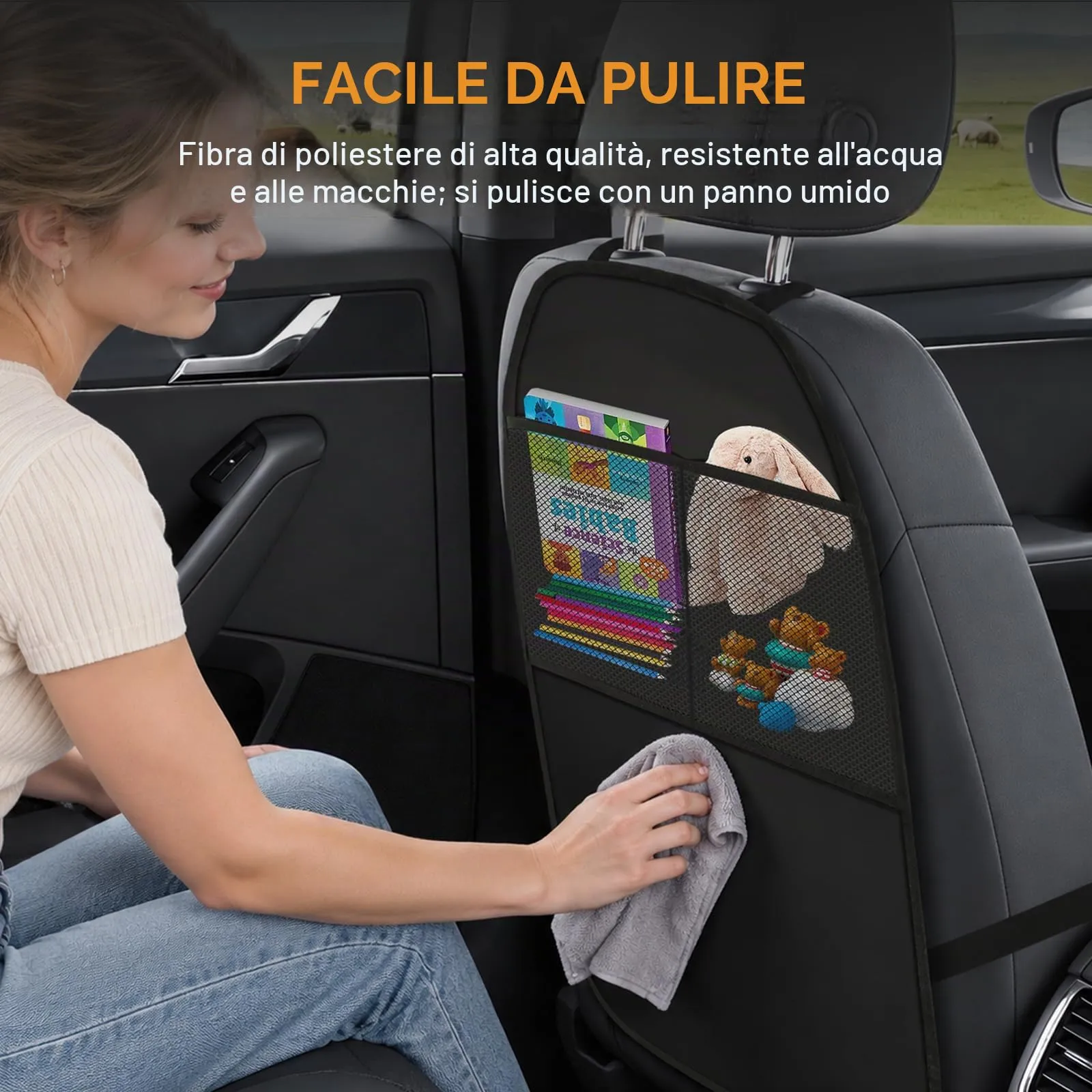 AiQInu Protettore Schienale Sedile Auto con Grandi Tasche Portaoggetti – Impermeabile, Antimacchia (Nero) - immagine 3