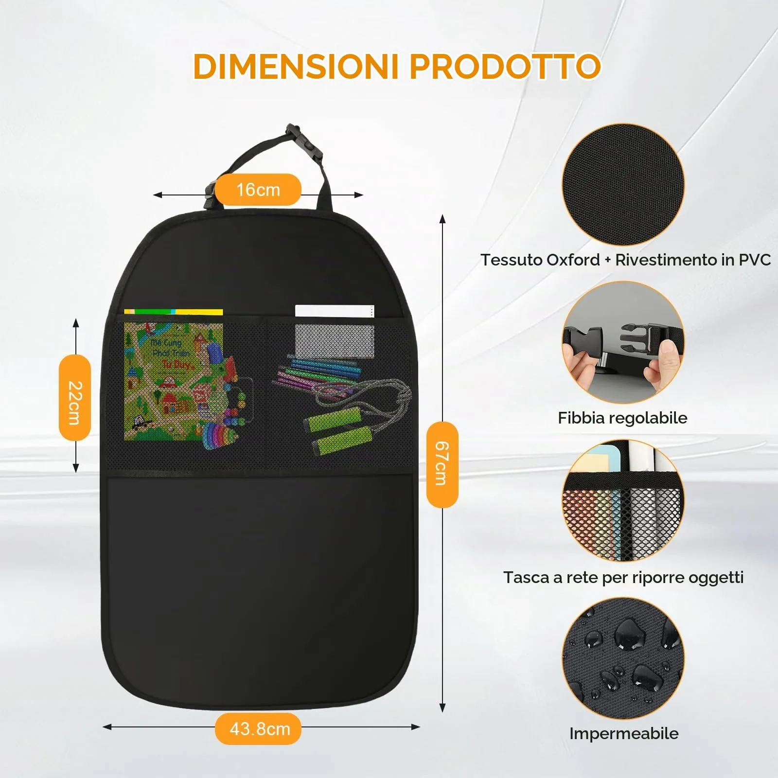 AiQInu Protettore Schienale Sedile Auto con Grandi Tasche Portaoggetti – Impermeabile, Antimacchia (Nero) - immagine 5