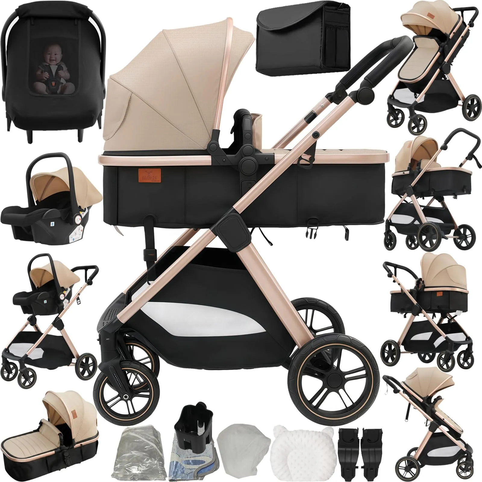 Reenborn Passeggino Trio, Passeggino 3 in 1 con Due Modi Reversibili Spingere, Trio Neonati con Design Pieghevole in Un Clic, Telaio Alluminio Paesaggistico Alto (V10 Beige) - immagine 1