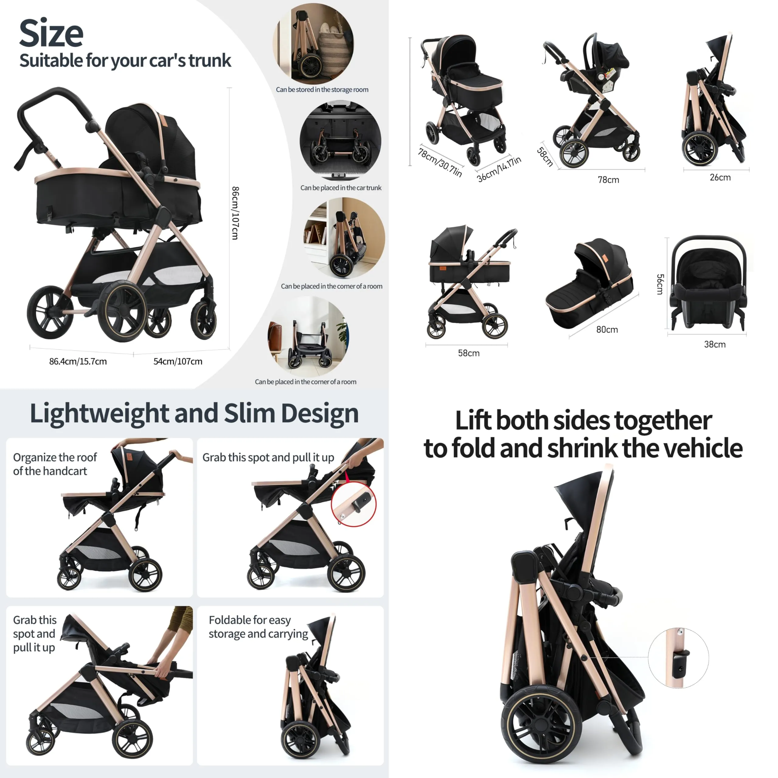 Reenborn Passeggino Trio, Passeggino 3 in 1 con Due Modi Reversibili Spingere, Trio Neonati con Design Pieghevole in Un Clic, Telaio Alluminio Paesaggistico Alto (V10 Beige) - immagine 5