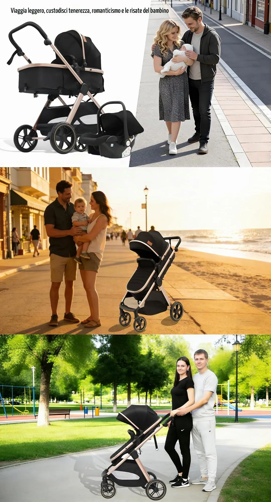 Reenborn Passeggino Trio, Passeggino 3 in 1 con Due Modi Reversibili Spingere, Trio Neonati con Design Pieghevole in Un Clic, Telaio Alluminio Paesaggistico Alto (V10 Beige) - immagine 6