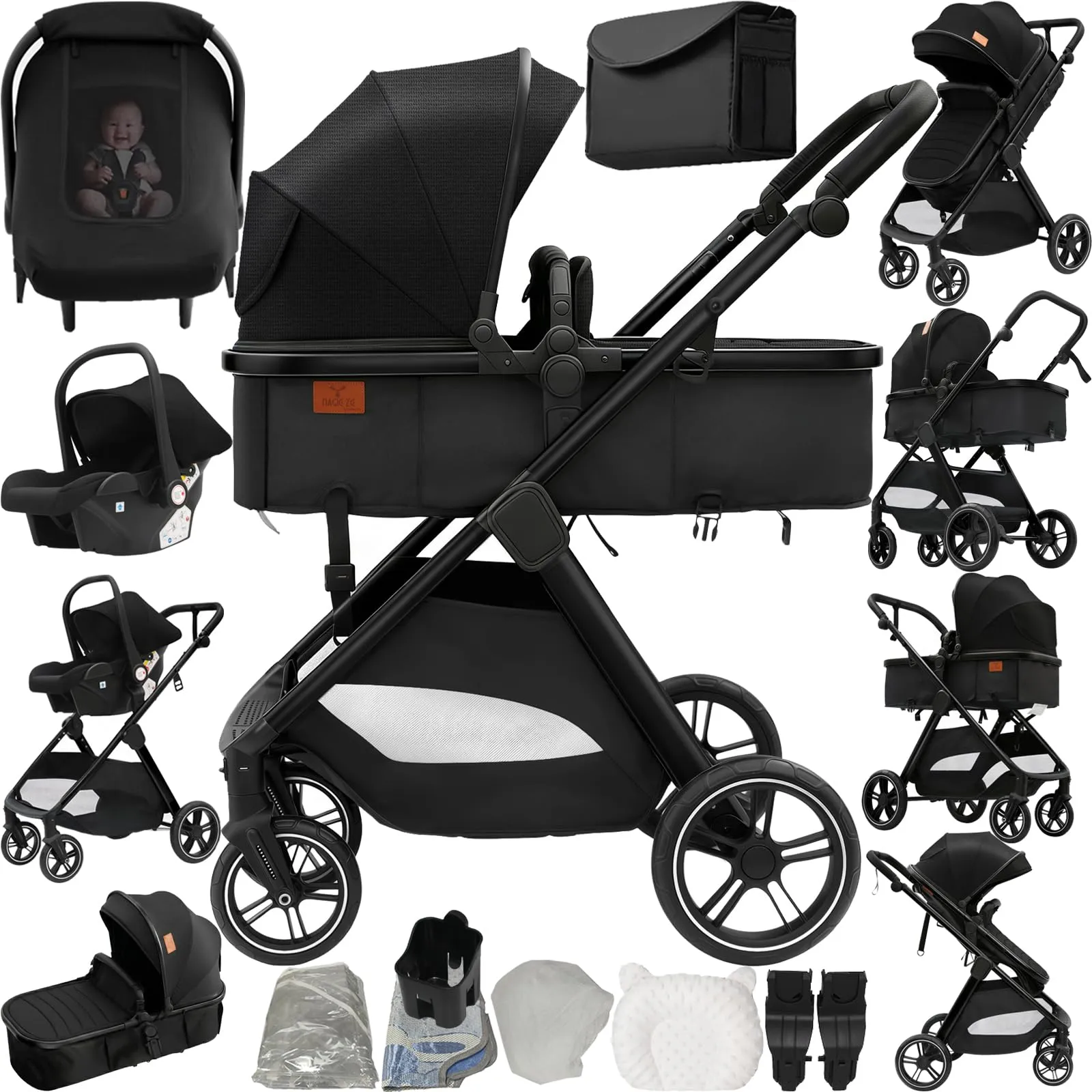 Reenborn Passeggino Trio, Passeggino 3 in 1 con Due Modi Reversibili Spingere, Trio Neonati con Design Pieghevole in Un Clic, Telaio Alluminio Paesaggistico Alto (V10 Black) - immagine 1