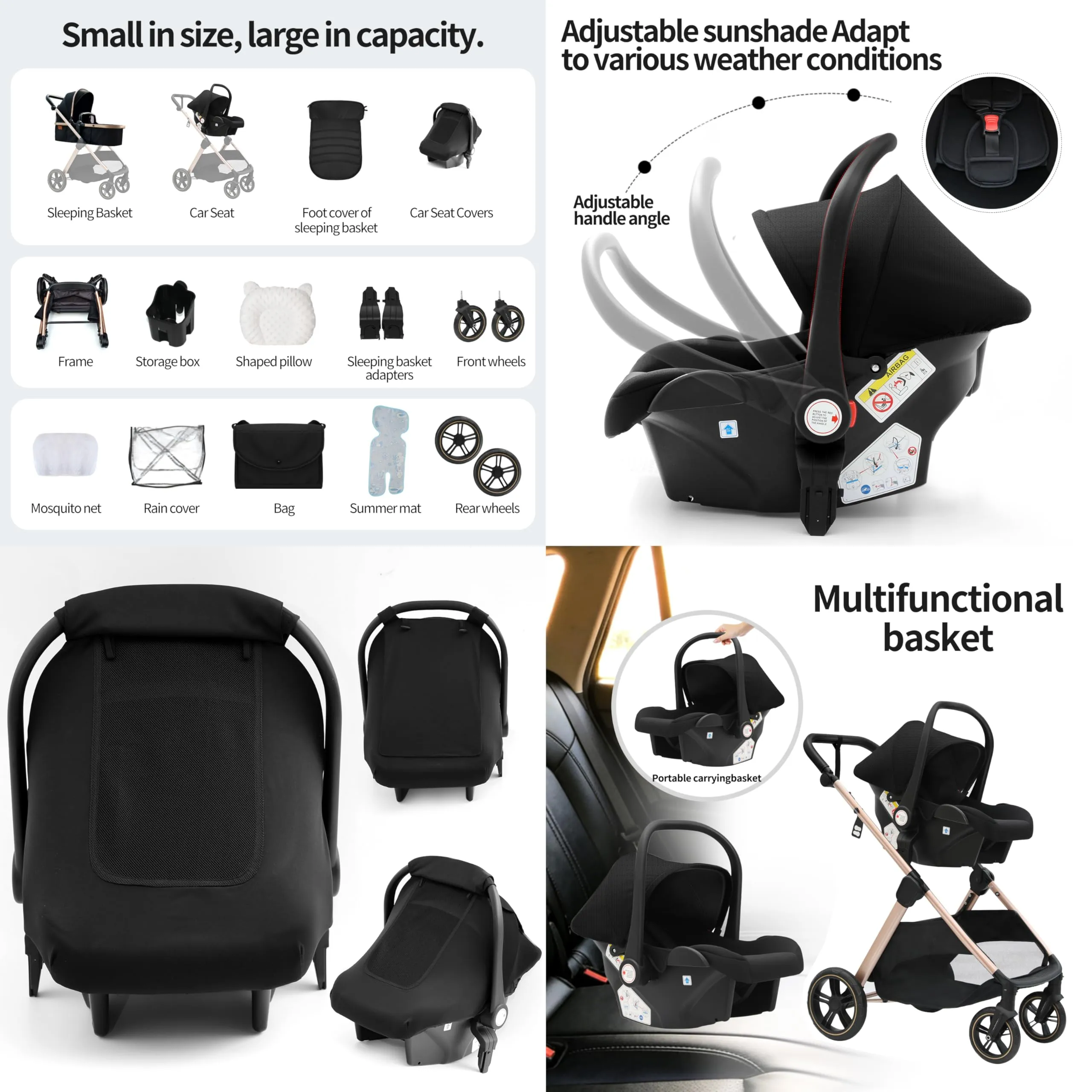 Reenborn Passeggino Trio, Passeggino 3 in 1 con Due Modi Reversibili Spingere, Trio Neonati con Design Pieghevole in Un Clic, Telaio Alluminio Paesaggistico Alto (V10 Black) - immagine 2