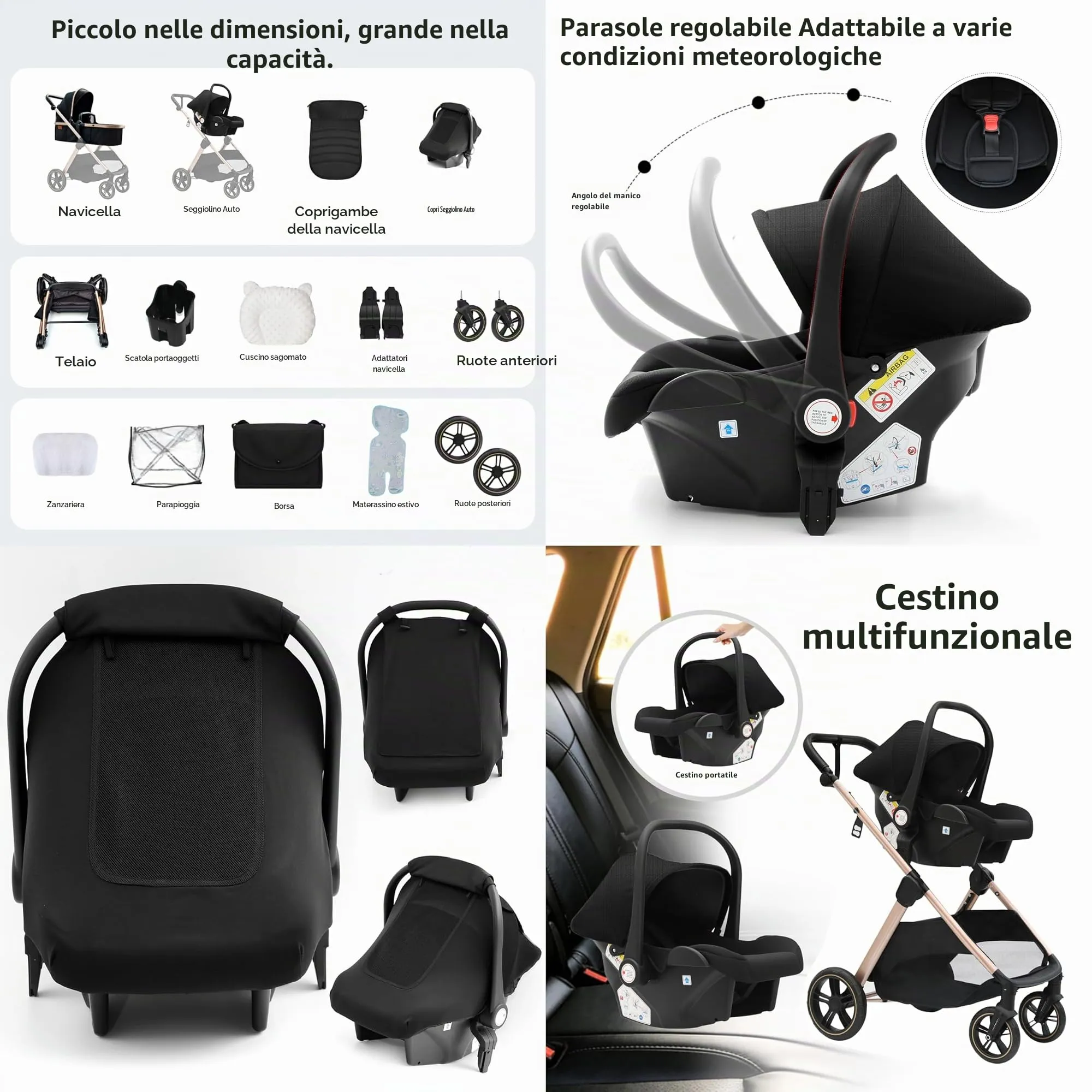Reenborn Passeggino Trio, Passeggino 3 in 1 con Due Modi Reversibili Spingere, Trio Neonati con Design Pieghevole in Un Clic, Telaio Alluminio Paesaggistico Alto (V10 Khaki) - immagine 2