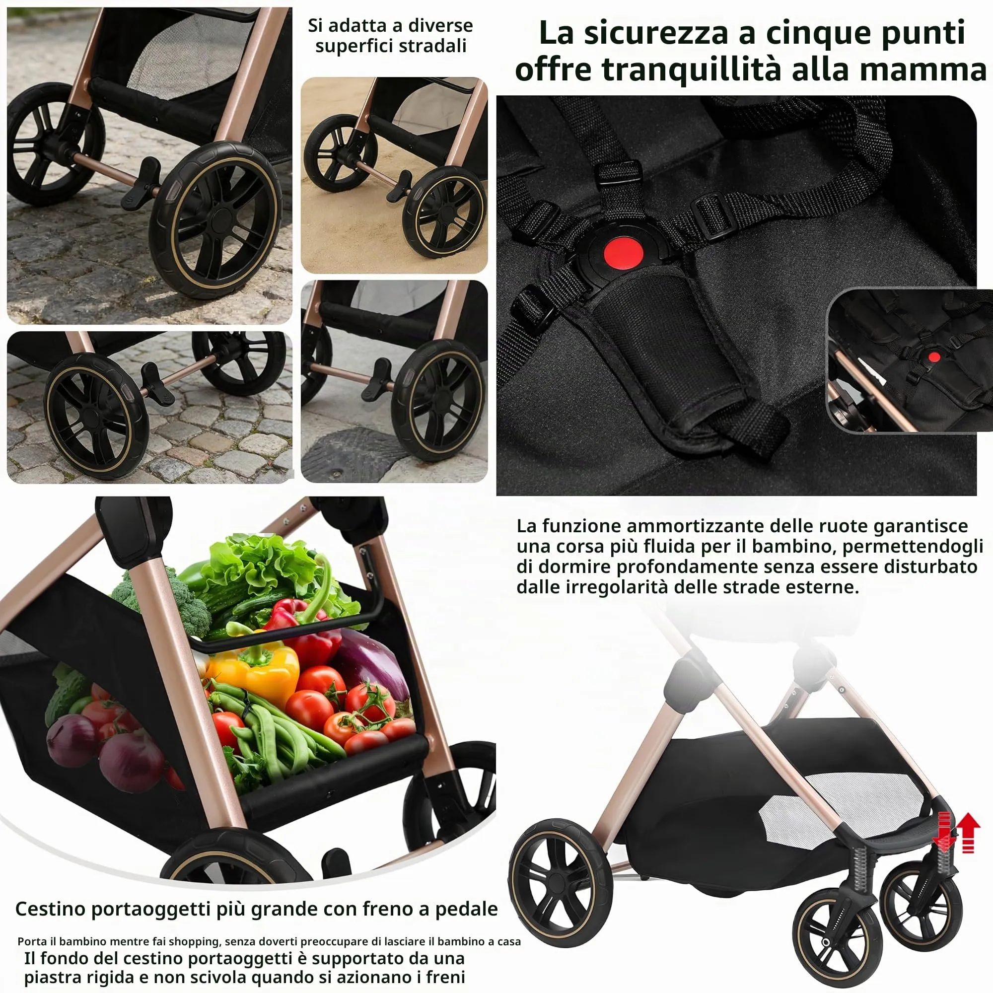 Reenborn Passeggino Trio, Passeggino 3 in 1 con Due Modi Reversibili Spingere, Trio Neonati con Design Pieghevole in Un Clic, Telaio Alluminio Paesaggistico Alto (V10 Khaki) - immagine 3