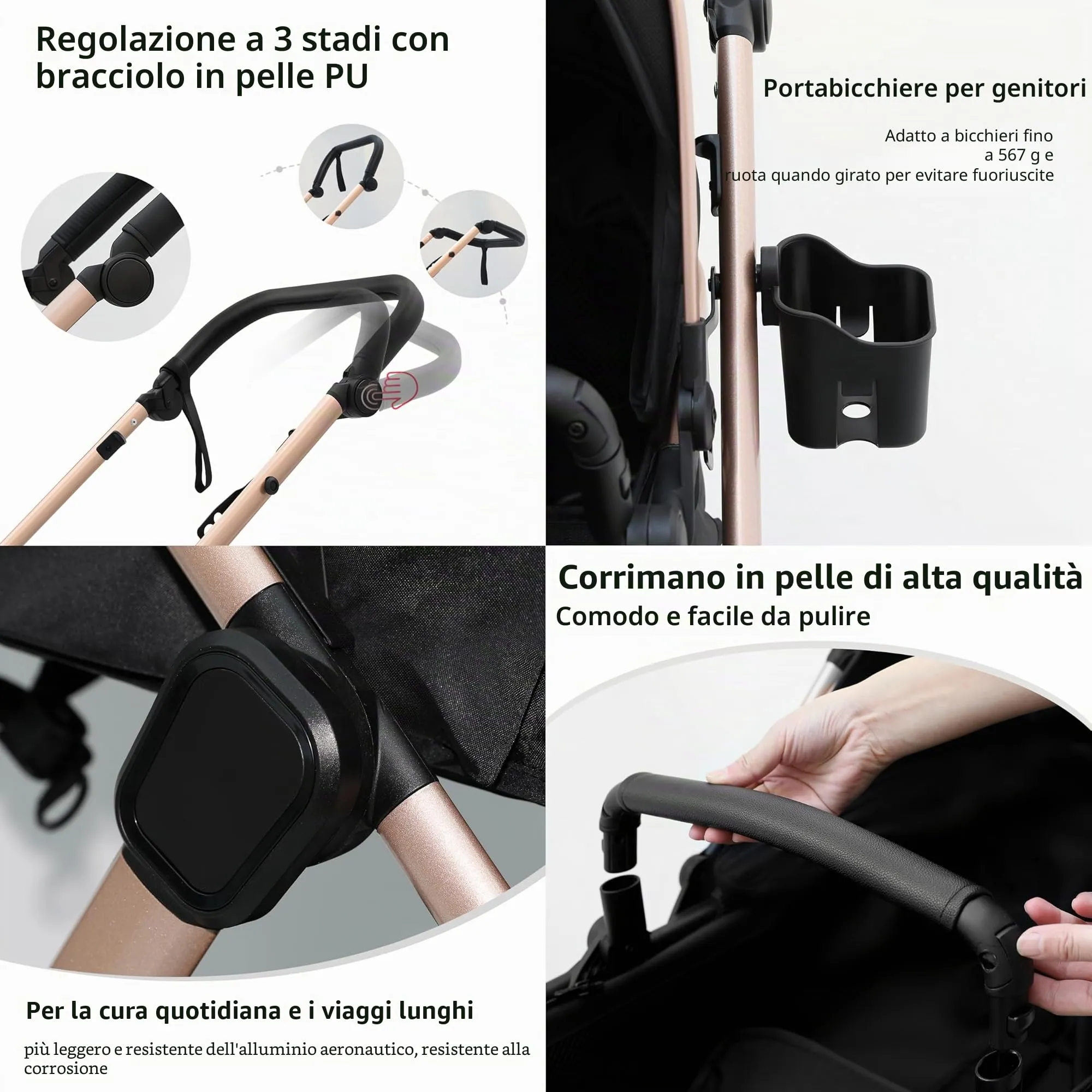 Reenborn Passeggino Trio, Passeggino 3 in 1 con Due Modi Reversibili Spingere, Trio Neonati con Design Pieghevole in Un Clic, Telaio Alluminio Paesaggistico Alto (V10 Khaki) - immagine 4