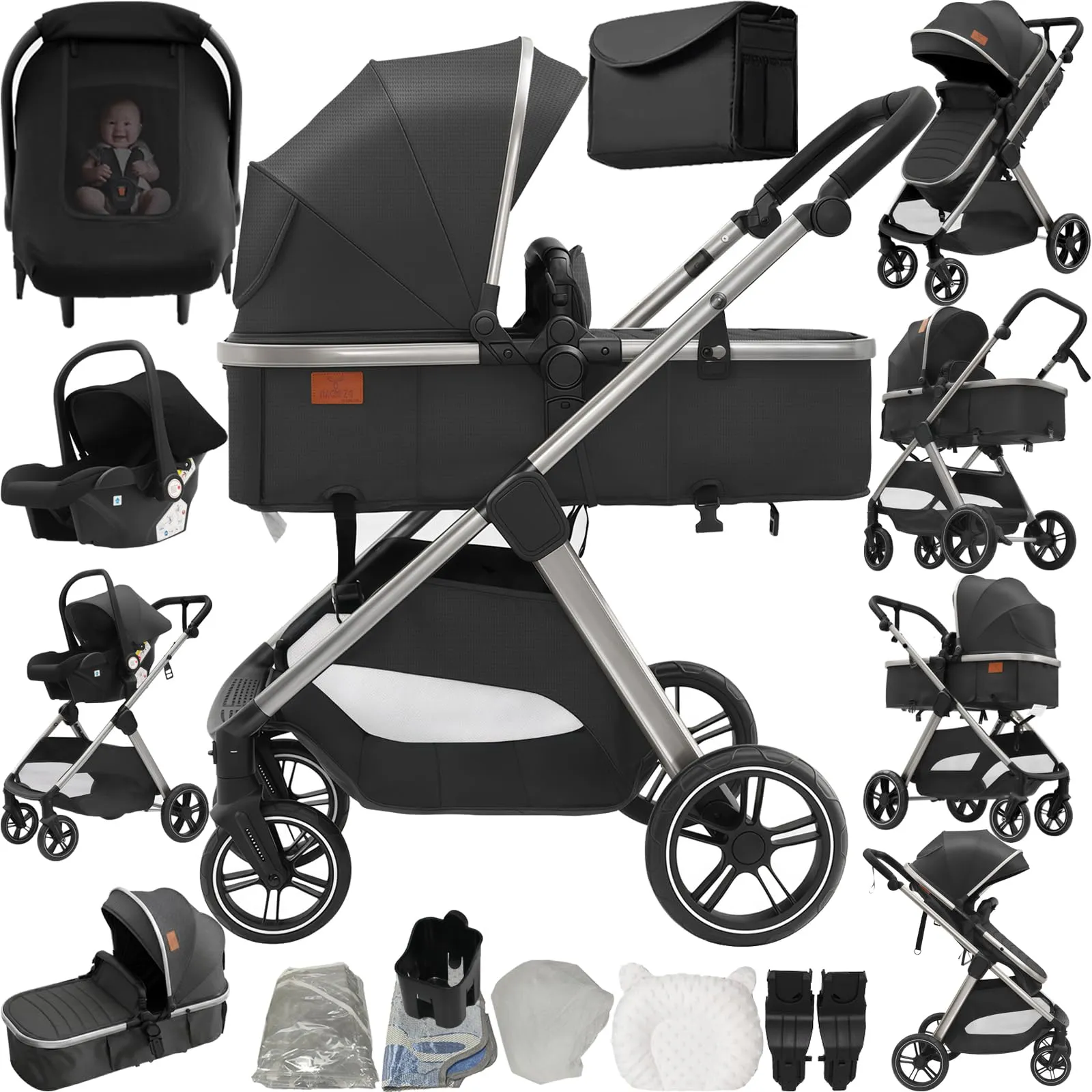 Reenborn Passeggino Trio, Passeggino 3 in 1 con Due Modi Reversibili Spingere, Trio Neonati con Design Pieghevole in Un Clic, Telaio Alluminio Paesaggistico Alto (V10 Deep Grey) - immagine 1