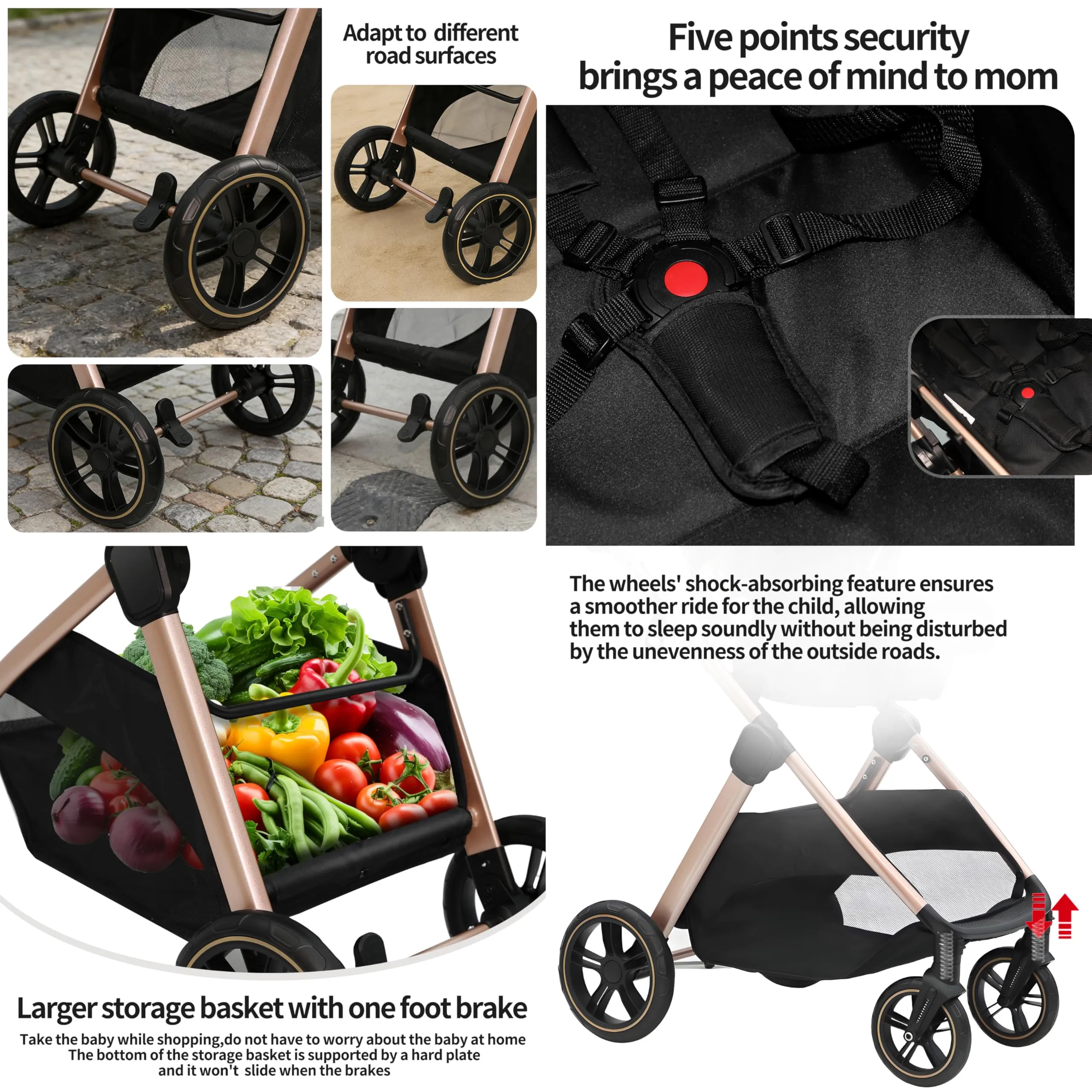 Reenborn Passeggino Trio, Passeggino 3 in 1 con Due Modi Reversibili Spingere, Trio Neonati con Design Pieghevole in Un Clic, Telaio Alluminio Paesaggistico Alto (V10 Deep Grey) - immagine 3