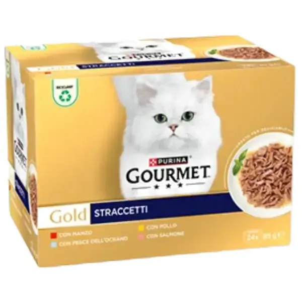 Purina Gourmet Gold Straccetti Umido Gatto Multipack 24x85g 6x Manzo 6x Pesce 6x Pollo 6x Salmone - immagine 1