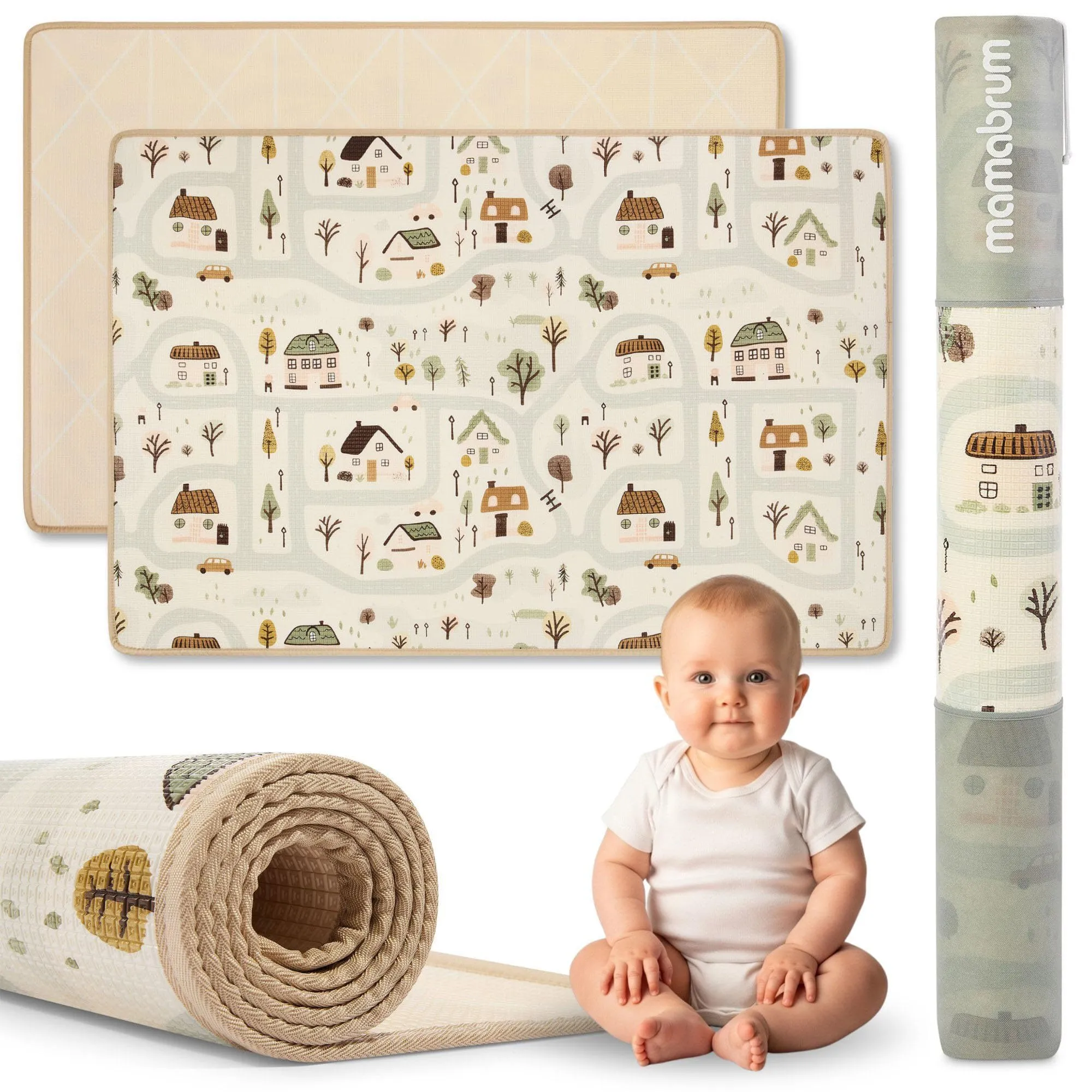 Mamabrum Tappeto Gioco Reversibile 180x120 cm per Neonati e Bambini, Superficie Morbida in Schiuma XPE per Gattonare e Giocare, Motivo Dolce Cittadina/Beige Sabbia, Sottofondo Leggero Arrotolabile - immagine 1
