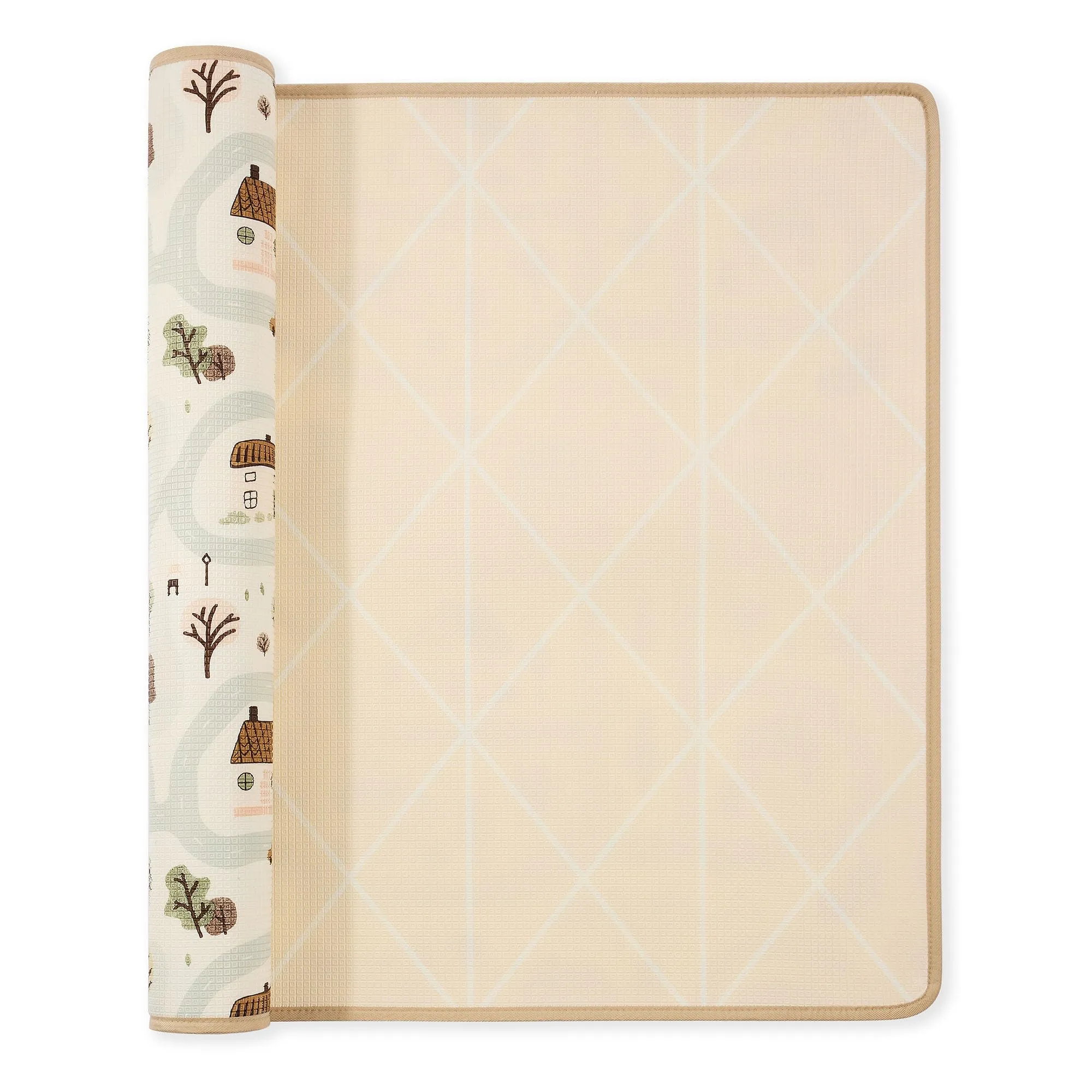 Mamabrum Tappeto Gioco Reversibile 180x120 cm per Neonati e Bambini, Superficie Morbida in Schiuma XPE per Gattonare e Giocare, Motivo Dolce Cittadina/Beige Sabbia, Sottofondo Leggero Arrotolabile - immagine 4