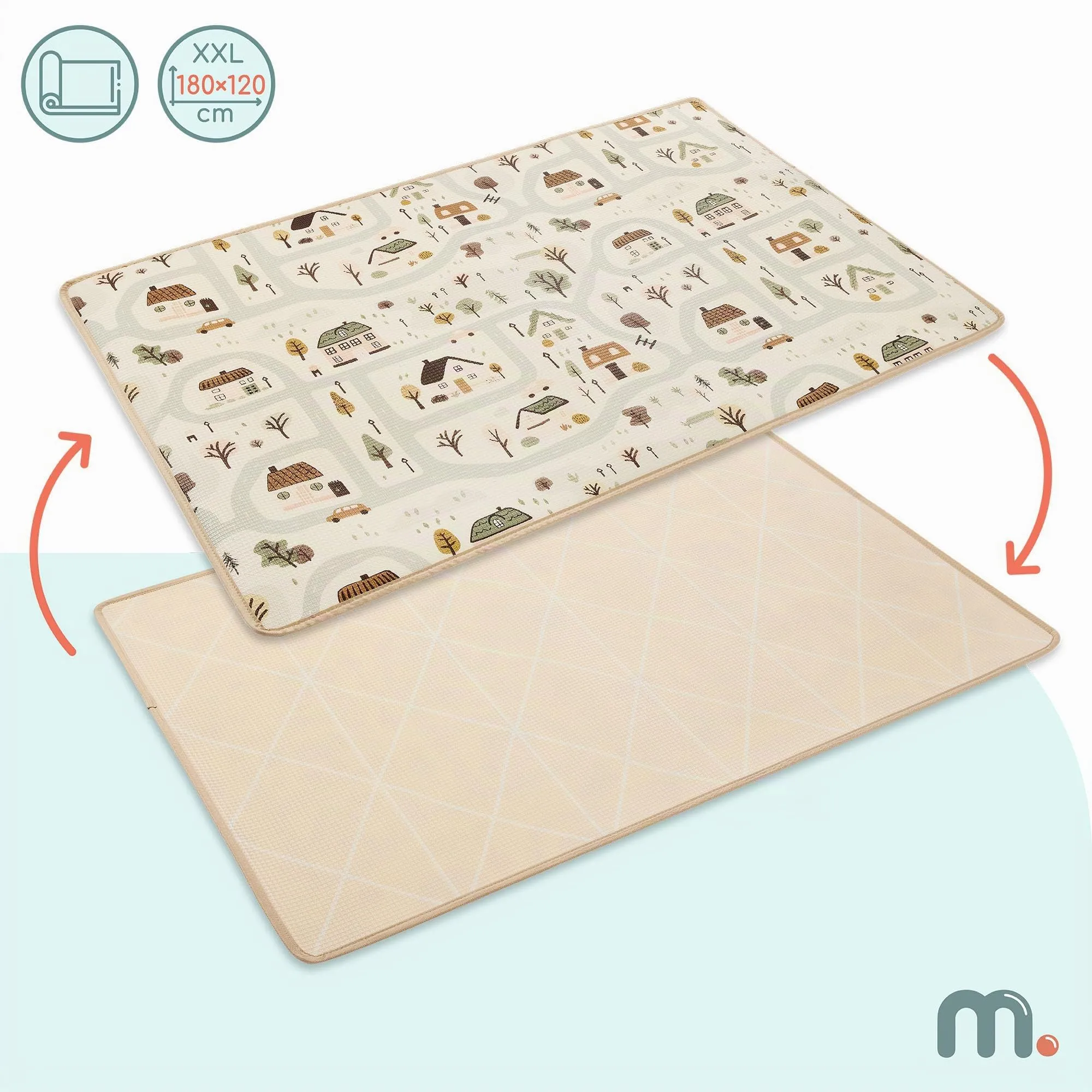 Mamabrum Tappeto Gioco Reversibile 180x120 cm per Neonati e Bambini, Superficie Morbida in Schiuma XPE per Gattonare e Giocare, Motivo Dolce Cittadina/Beige Sabbia, Sottofondo Leggero Arrotolabile - immagine 5