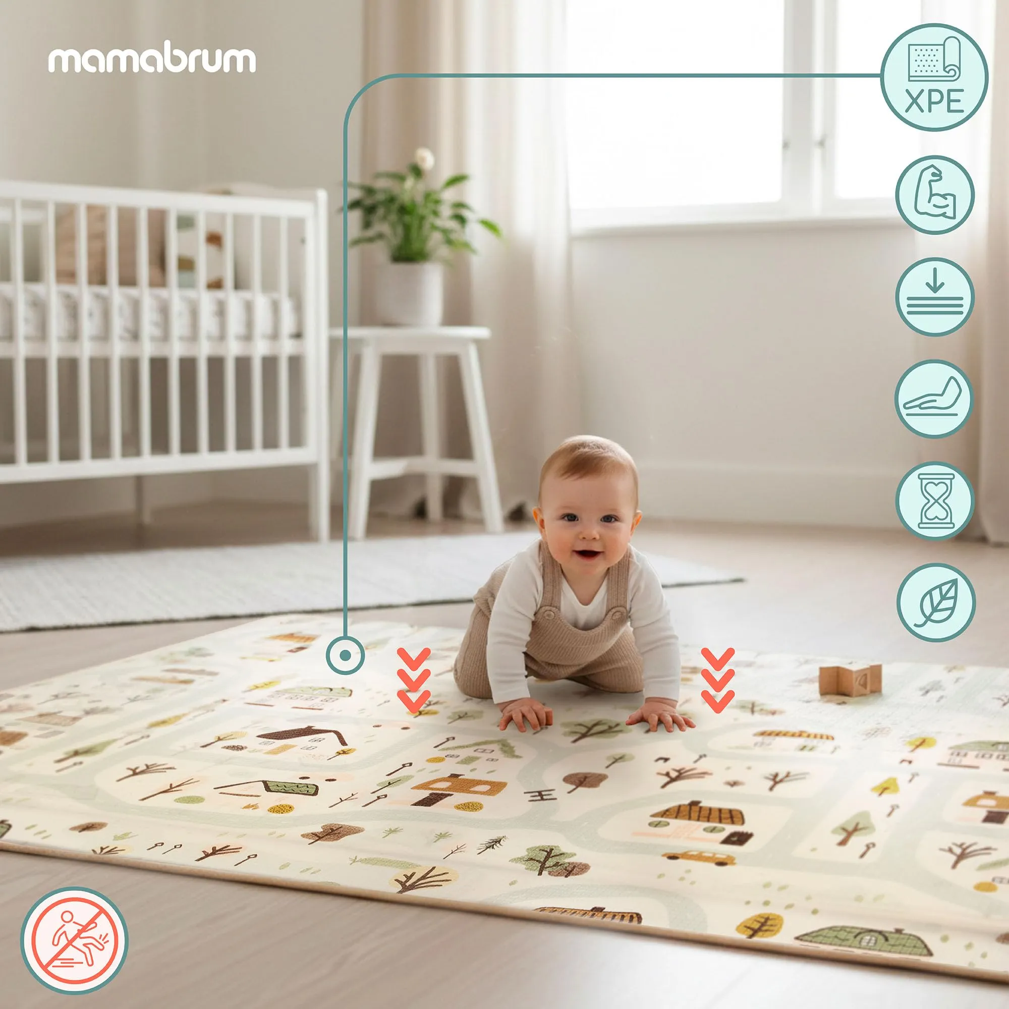 Mamabrum Tappeto Gioco Reversibile 180x120 cm per Neonati e Bambini, Superficie Morbida in Schiuma XPE per Gattonare e Giocare, Motivo Dolce Cittadina/Beige Sabbia, Sottofondo Leggero Arrotolabile - immagine 6