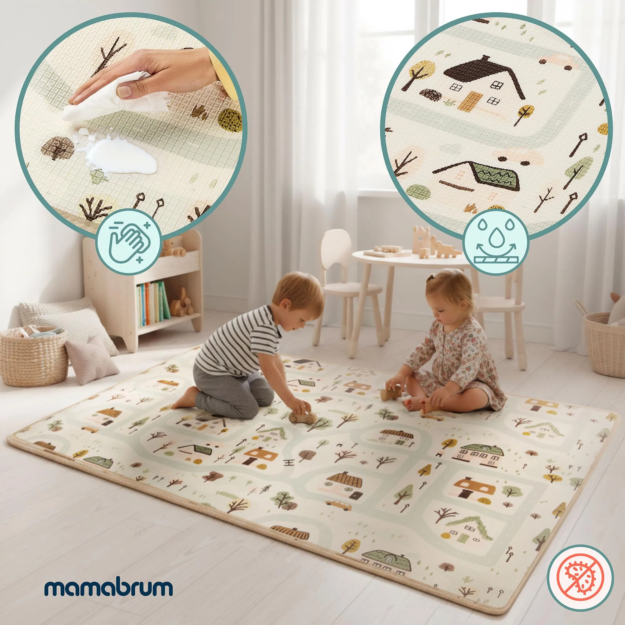 Mamabrum Tappeto Gioco Reversibile 180x120 cm per Neonati e Bambini, Superficie Morbida in Schiuma XPE per Gattonare e Giocare, Motivo Dolce Cittadina/Beige Sabbia, Sottofondo Leggero Arrotolabile - immagine 7