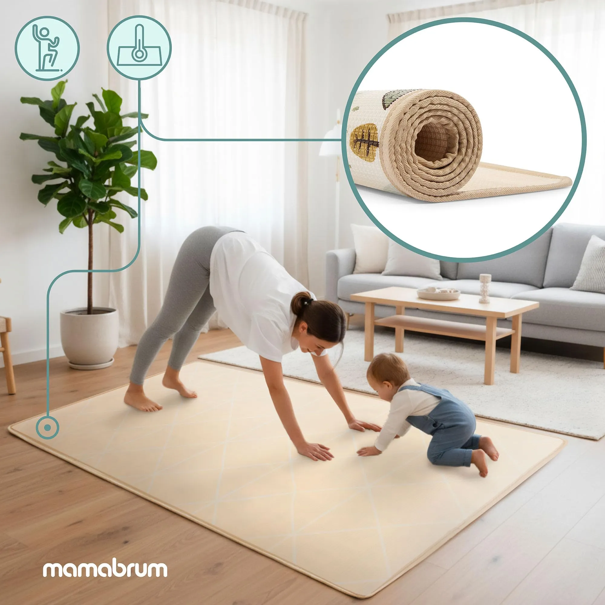 Mamabrum Tappeto Gioco Reversibile 180x120 cm per Neonati e Bambini, Superficie Morbida in Schiuma XPE per Gattonare e Giocare, Motivo Dolce Cittadina/Beige Sabbia, Sottofondo Leggero Arrotolabile - immagine 8