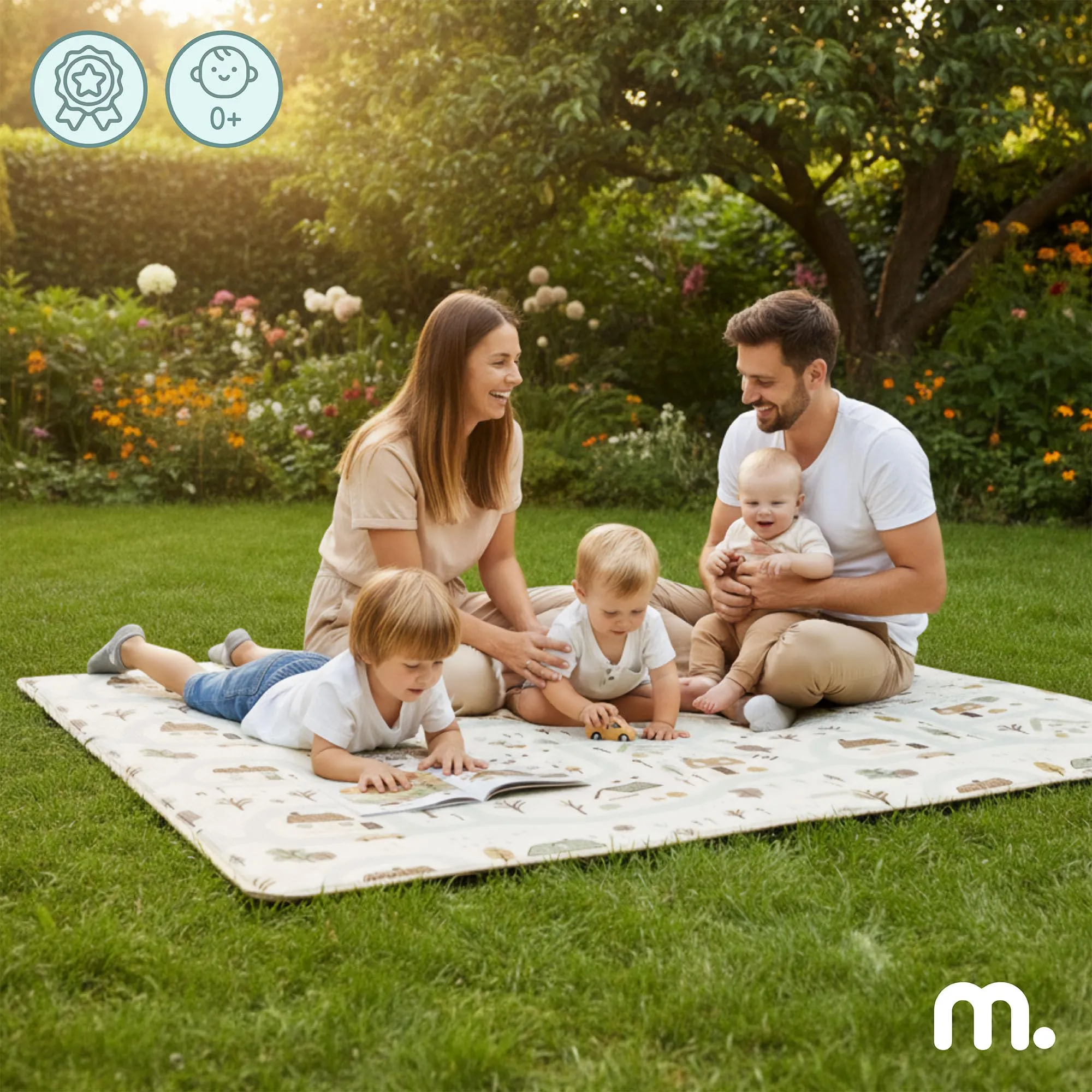 Mamabrum Tappeto Gioco Reversibile 180x120 cm per Neonati e Bambini, Superficie Morbida in Schiuma XPE per Gattonare e Giocare, Motivo Dolce Cittadina/Beige Sabbia, Sottofondo Leggero Arrotolabile - immagine 9
